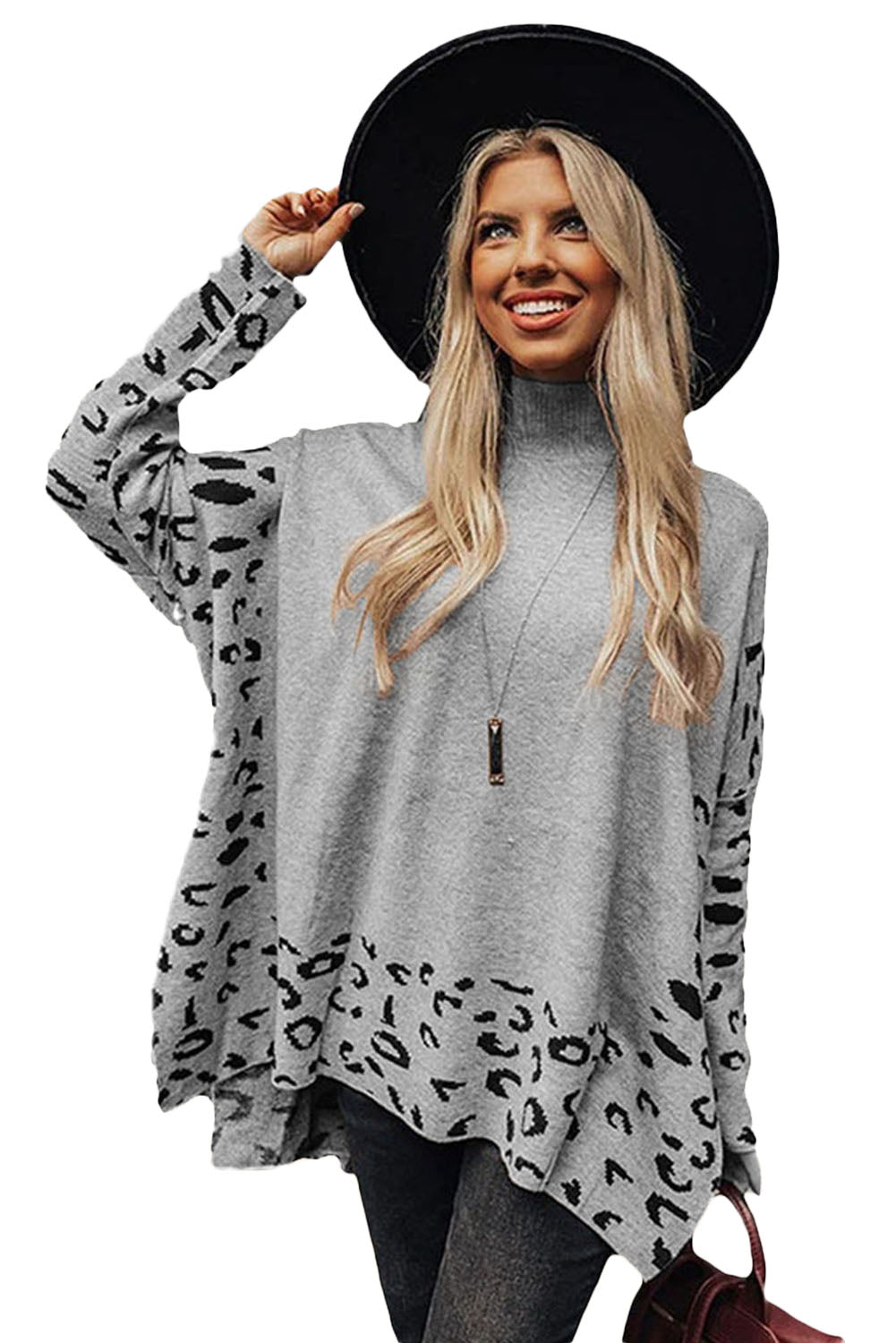PRE-ORDER: Leopard Casual Side Slit High Neck Oversized Sweater