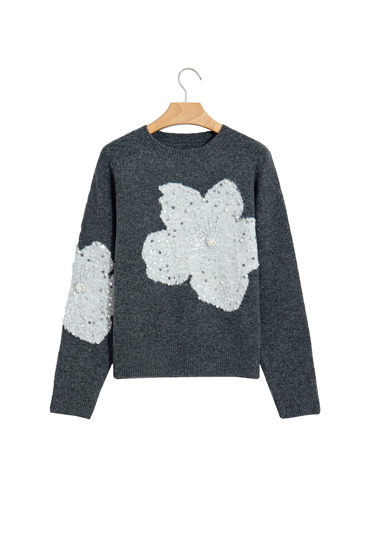 PRE-ORDER: Dark Grey Beaded Floral Accent Casual Round Neck Sweater