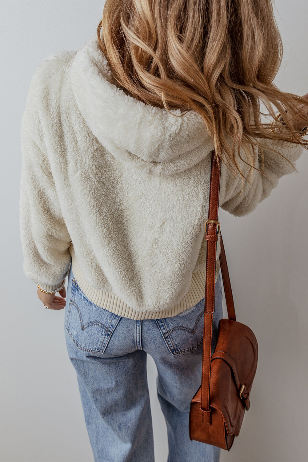 White Ribbed Edge Plush Hoodie
