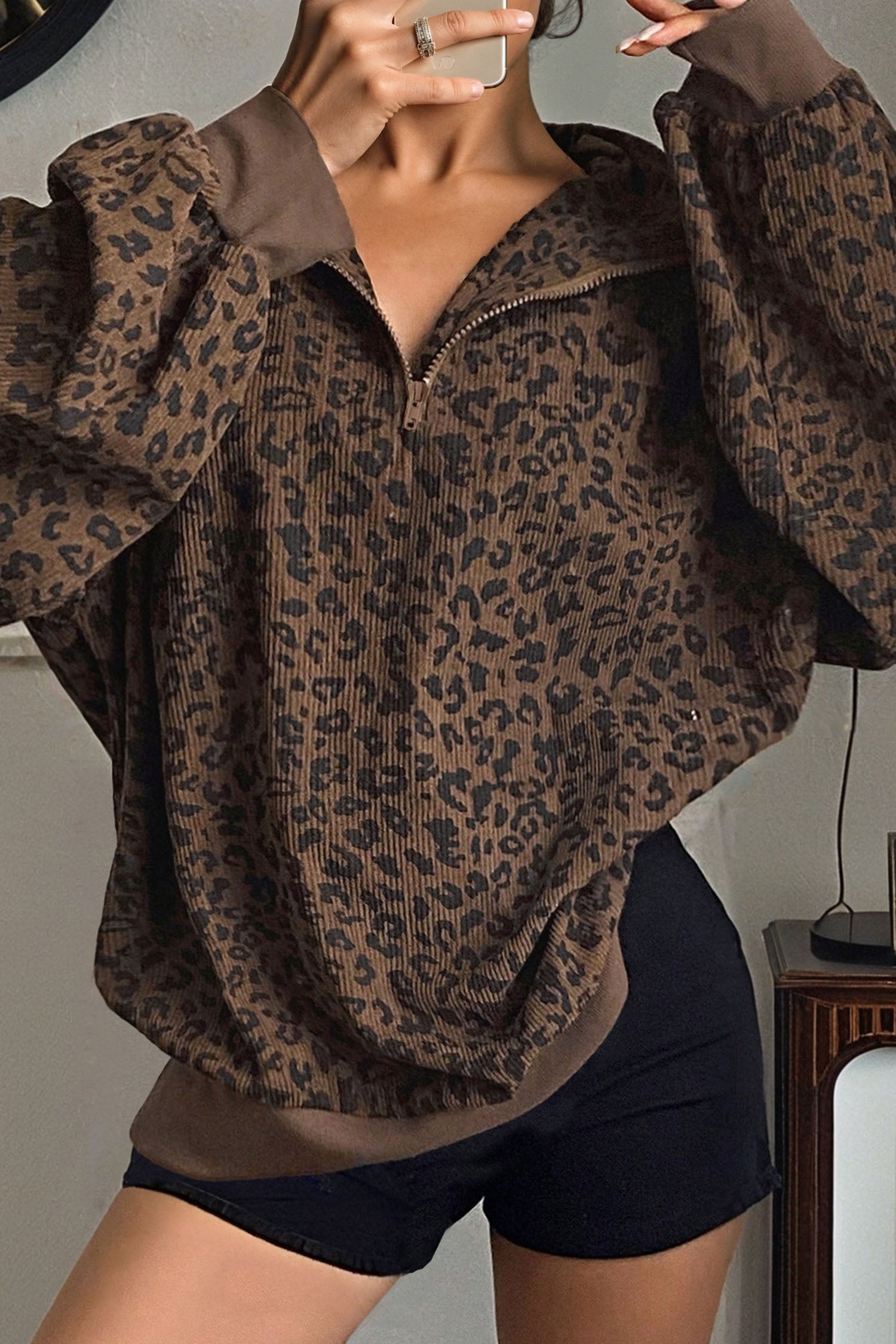 Brown leopard quarter zip corduroy sweatshirt