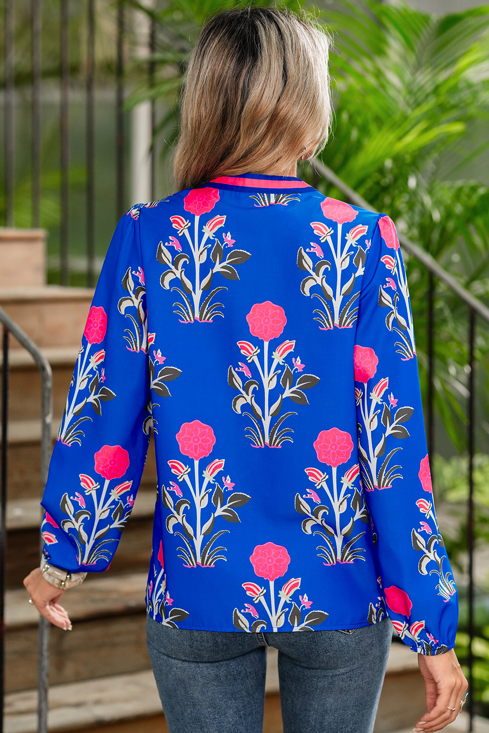 PRE-ORDER: Blue Floral Print Pop Of Color V Neck Puff Sleeve Blouse