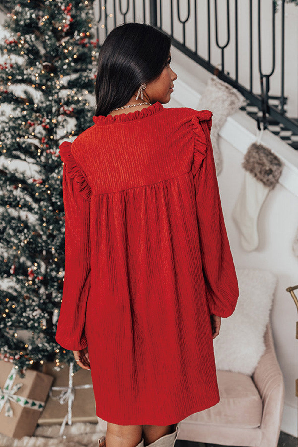 Fiery Red Textured Ruffled Trim Loose Fit Mini Dress