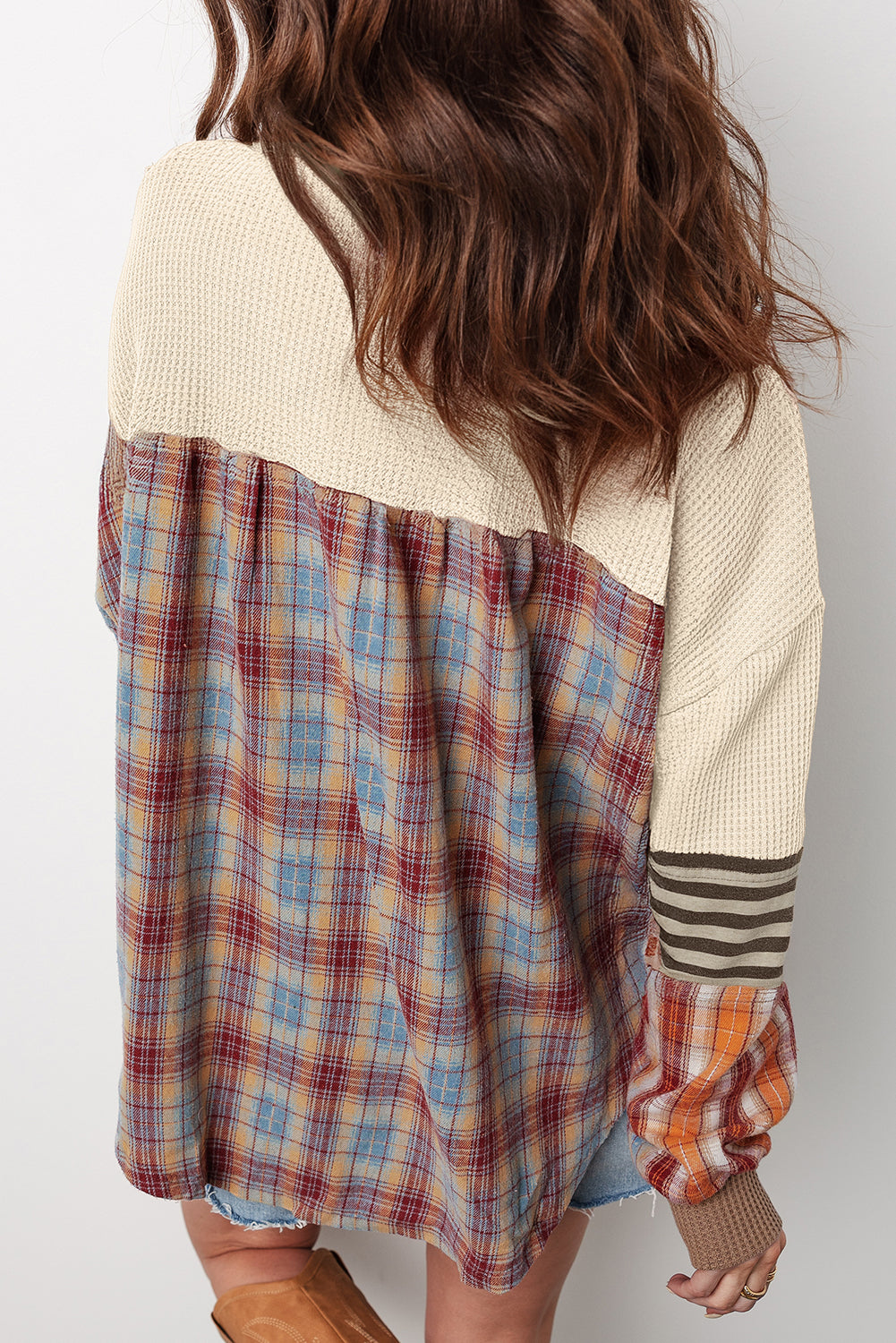 Striped Plaid Patchwork Waffle Knit Top