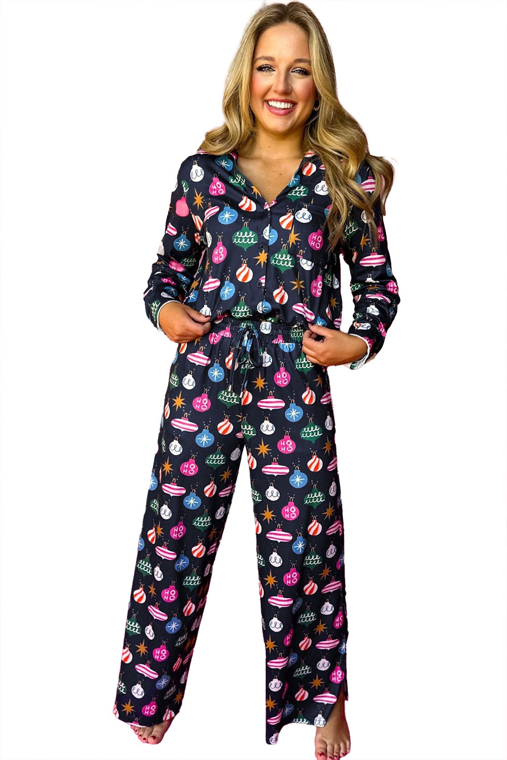 PRE-ORDER: Colorful Christmas Lights Print Shirt and Pants Pajama Set