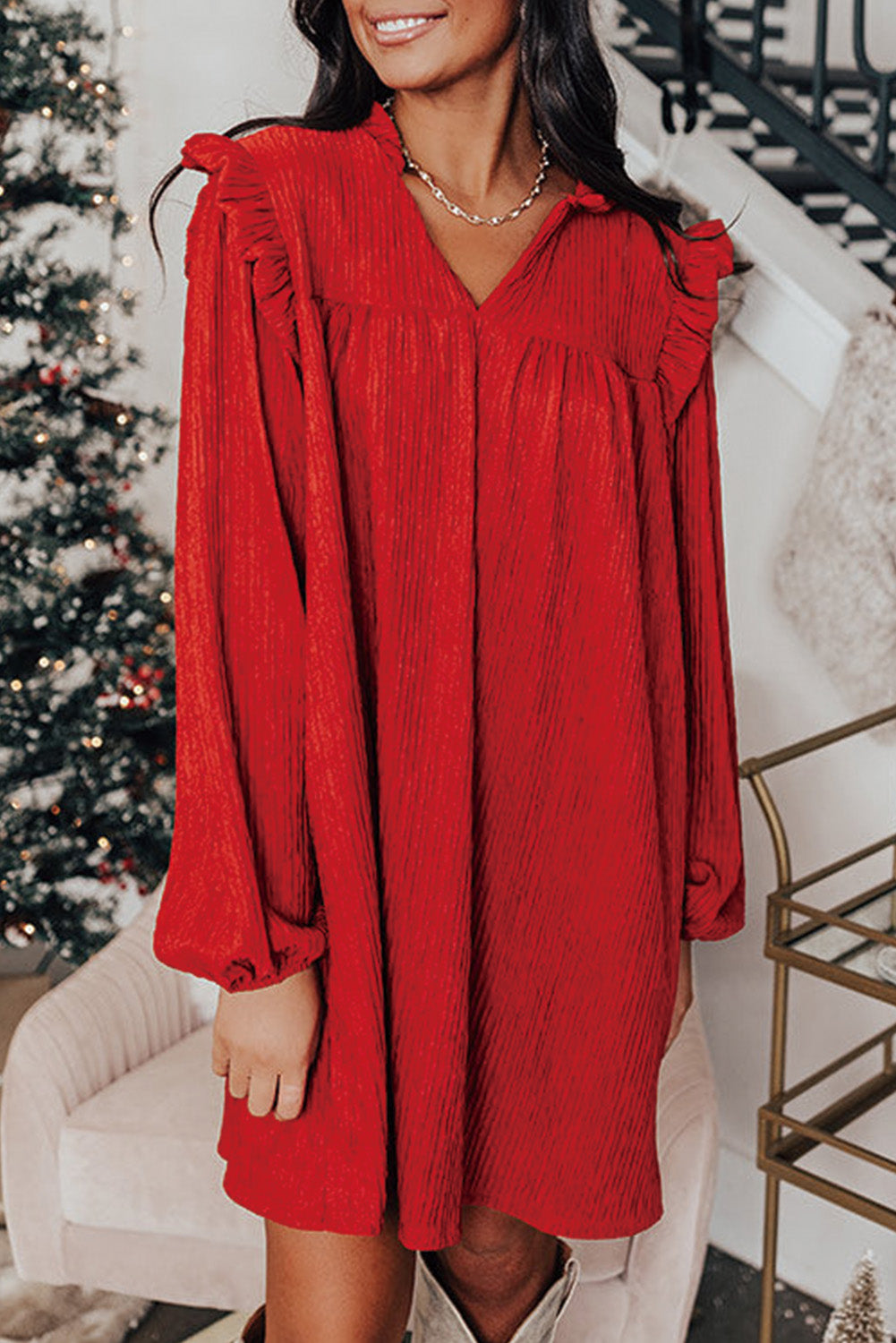 Fiery Red Textured Ruffled Trim Loose Fit Mini Dress