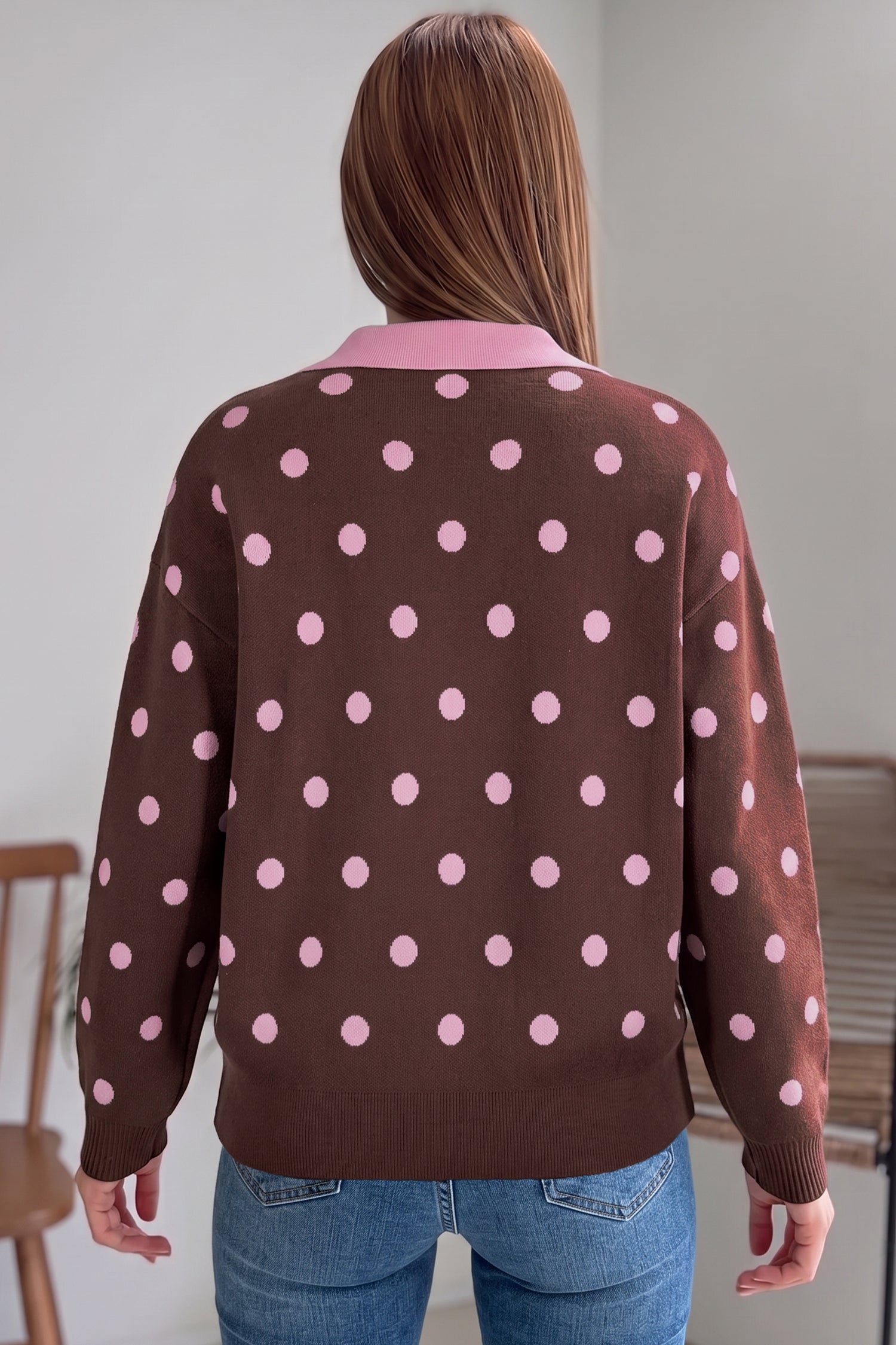 PRE-ORDER: Pink Polka Dot Color Block Collared Loose Pullover