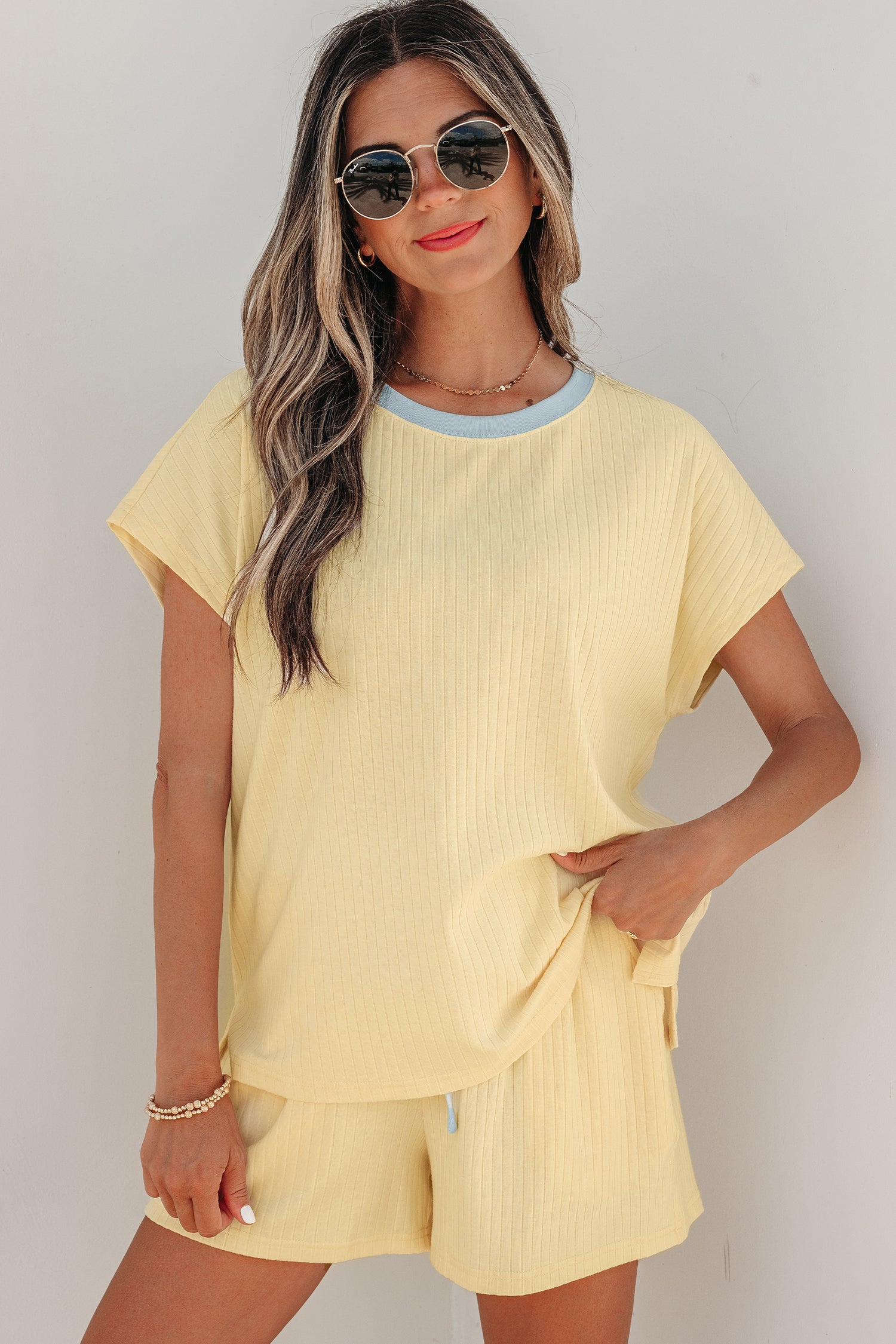 Soft Ribbed Color Block Trim Casual Short Set