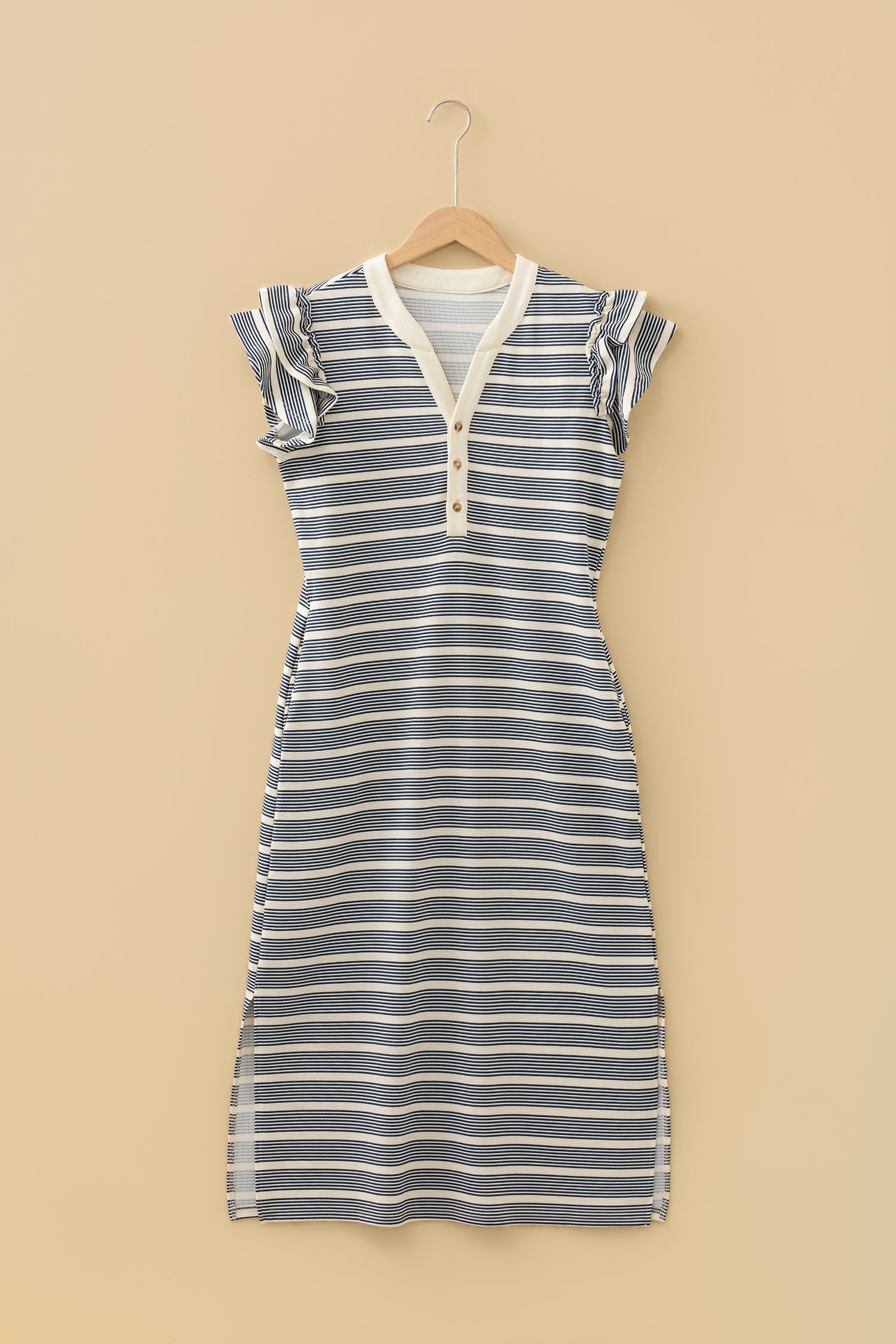 PRE-ORDER: Blue Stripe Short Sleeve Notched Neck Midi Dress