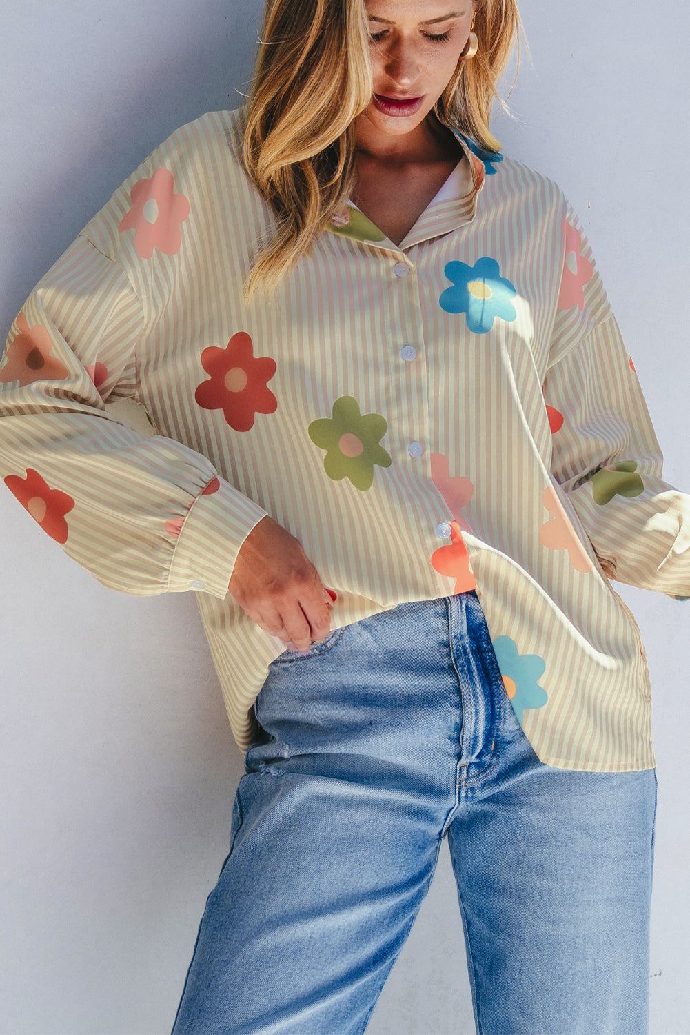 Striped Flower Print Collared Button down Top
