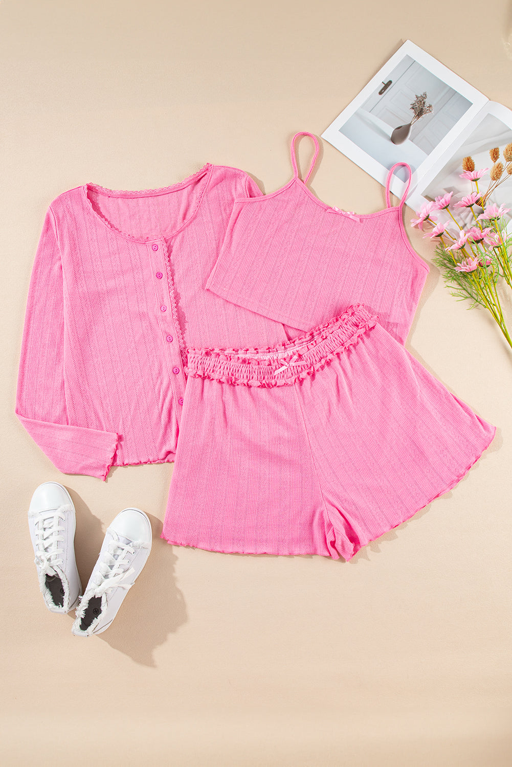 PRE-ORDER: Cropped Bow Cami Shorts and Cardigan 3pcs Pajama Set