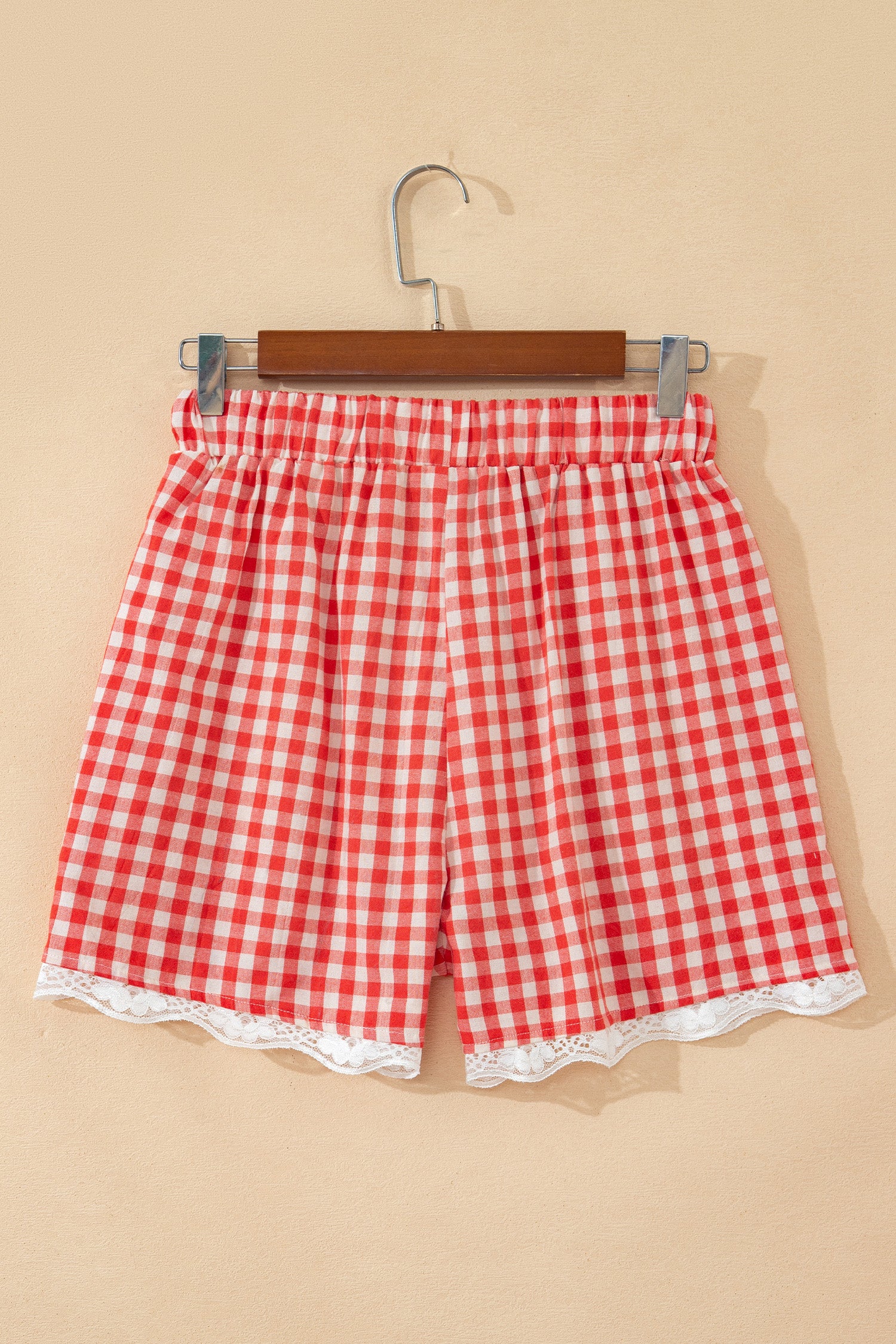 Gingham Plaid Tie Elastic Waist Lace Patchwork Hem Shorts