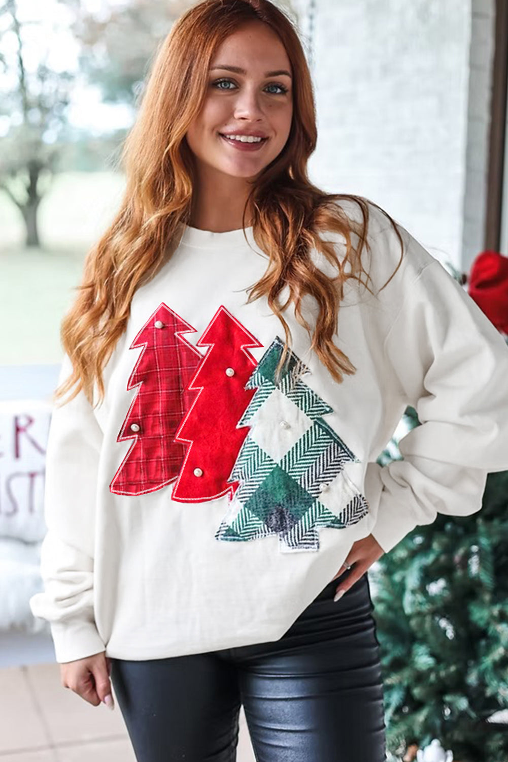 PRE-ORDER: White Pearl Plaid Christmas Tree Patched Drop Shoulder Sweatshirt