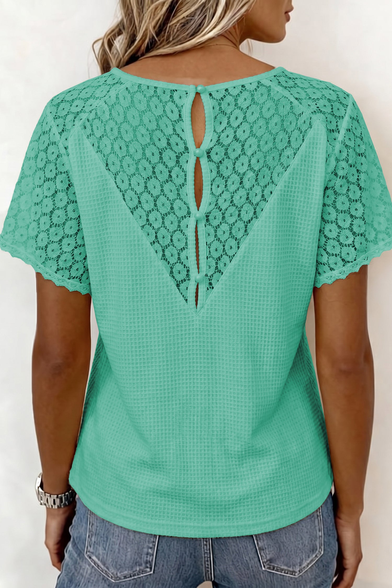 PRE-ORDER: Lace Splicing Button V Neck Waffle Knit Blouse