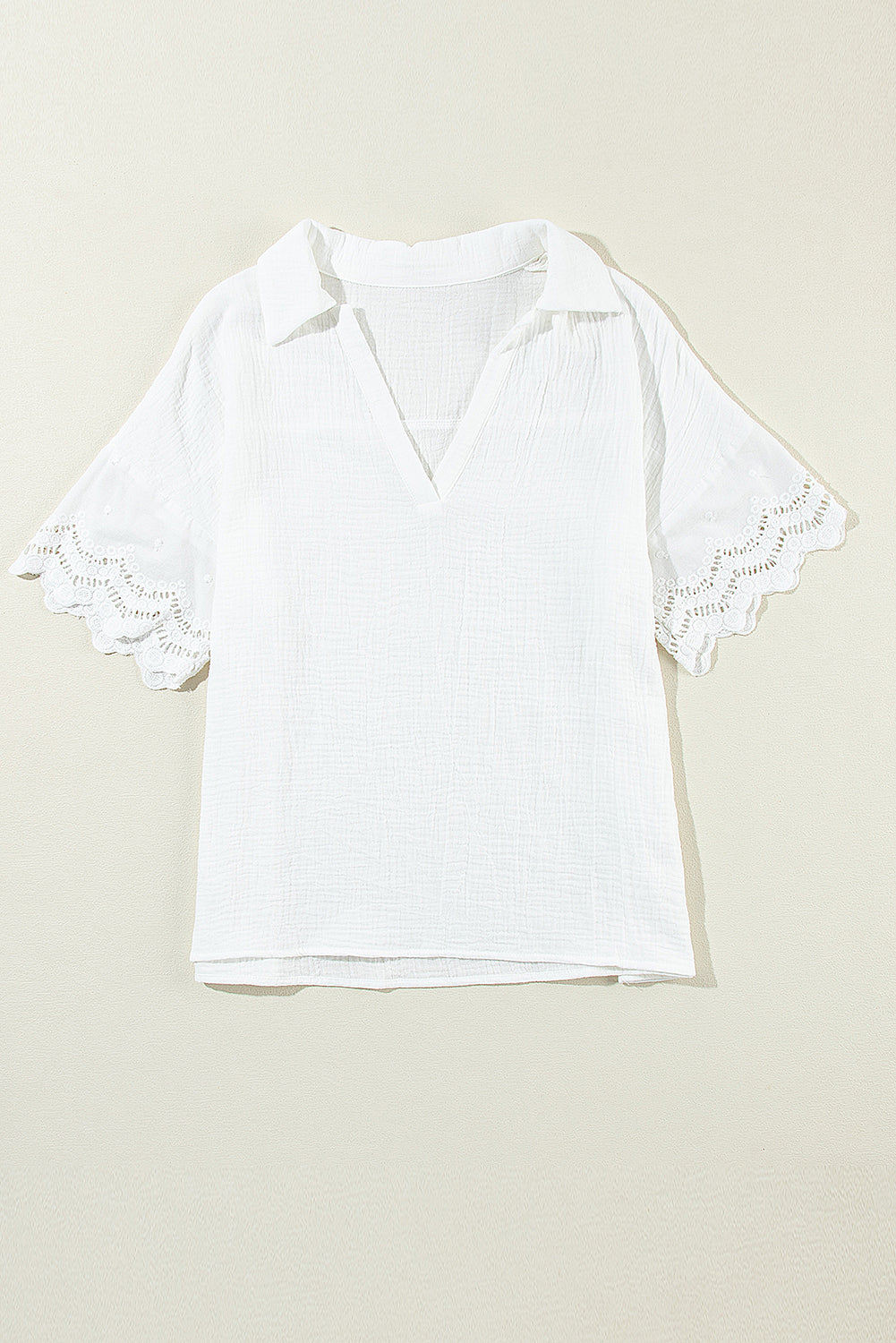 PRE-ORDER: Crinkled Lace Sleeve Collared V Neck Blouse