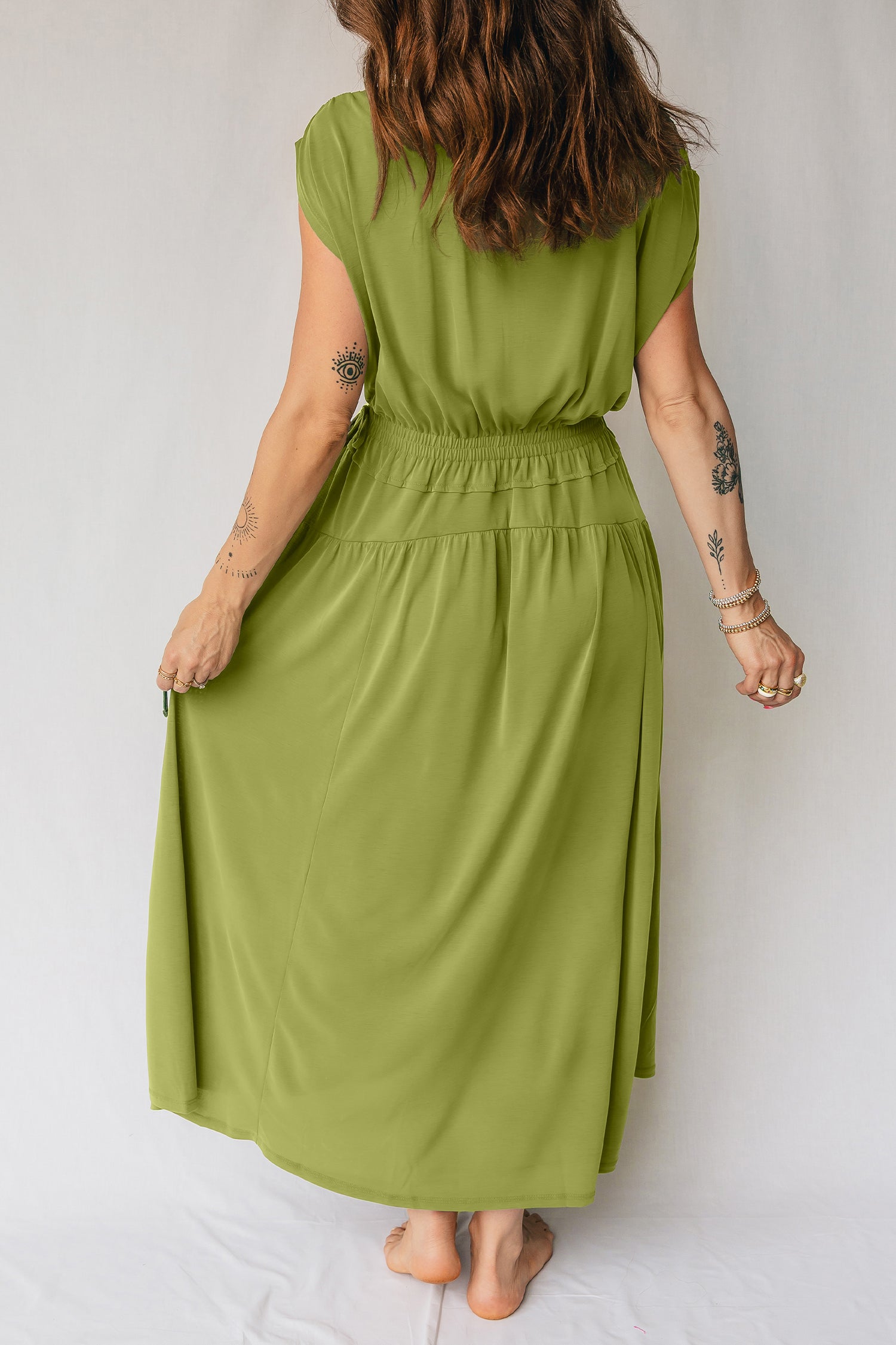 PRE-ORDER: Solid V Neck Cap Sleeve Tunic Elastic Waist Maxi Dress