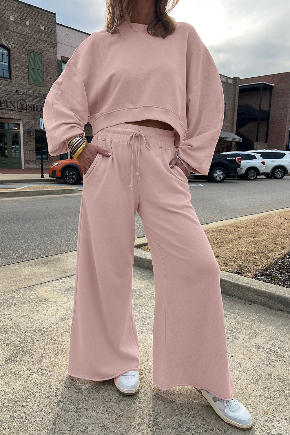 Drop Shoulder Crop Pullover Drawstring Wide Leg Pants Set