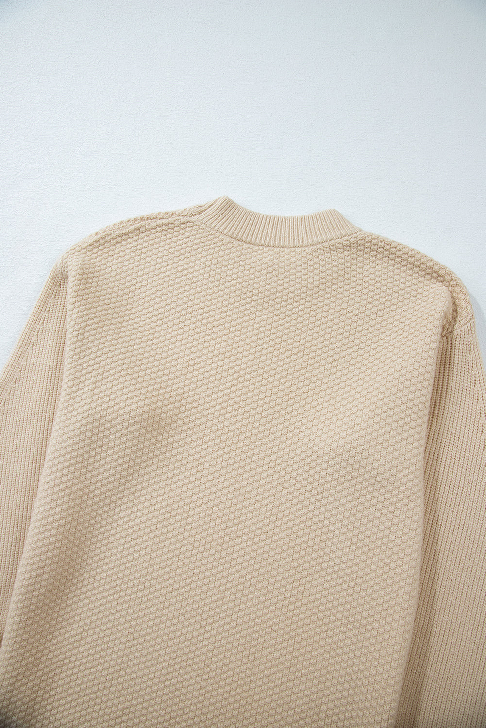 Solid Textured Knit Split Cuff Drop Shoulder Sweater