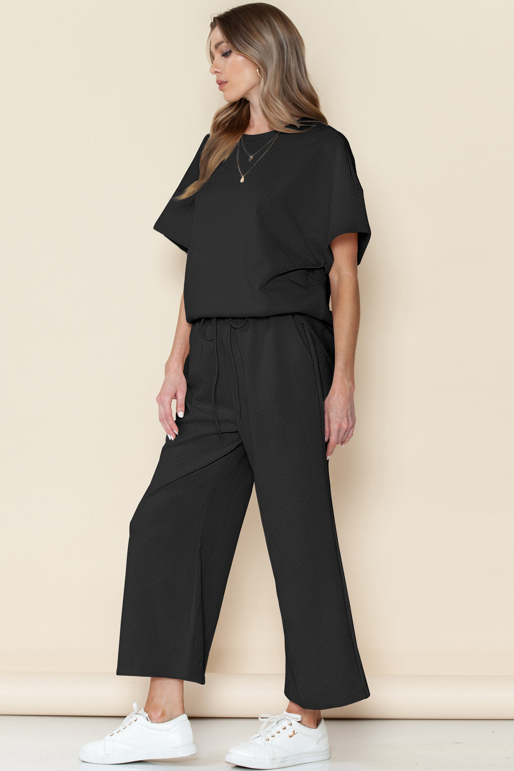 Textured Loose Fit Tee and Pants Set