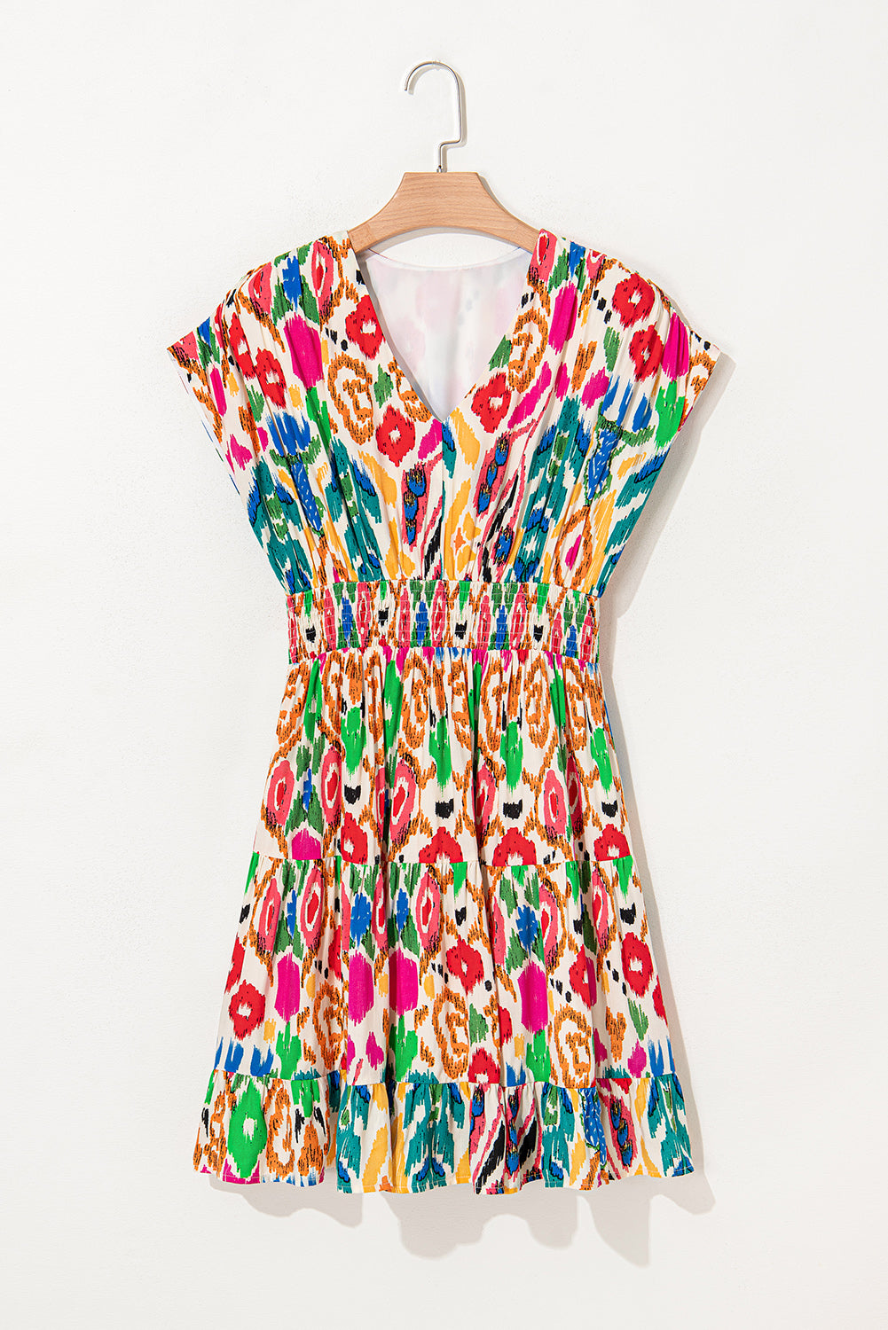 Abstract V-Neck Ruffle Mini Dress