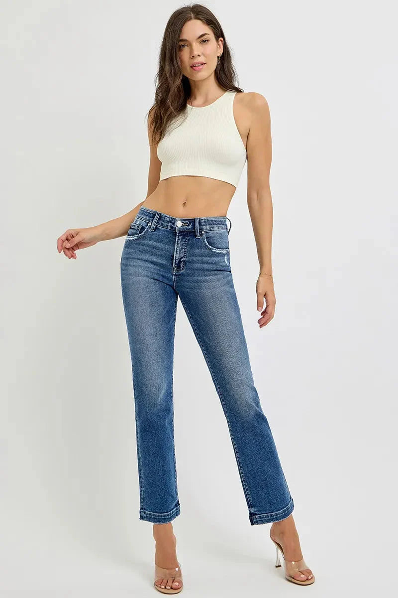 Tummy Control Elastic Band Mid Rise Straight Jeans