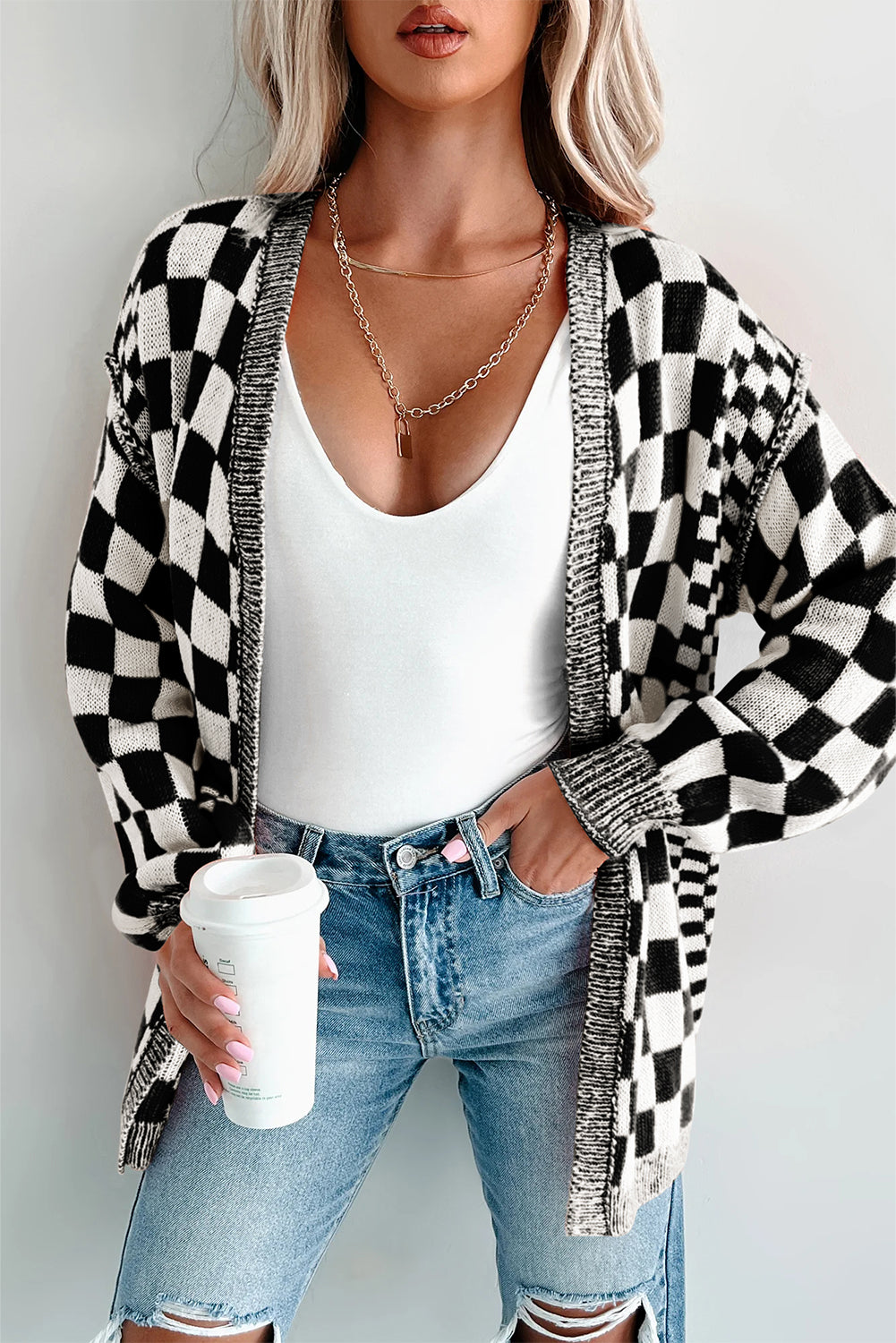PRE-ORDER: Checkered Drop Shoulder Cardigan