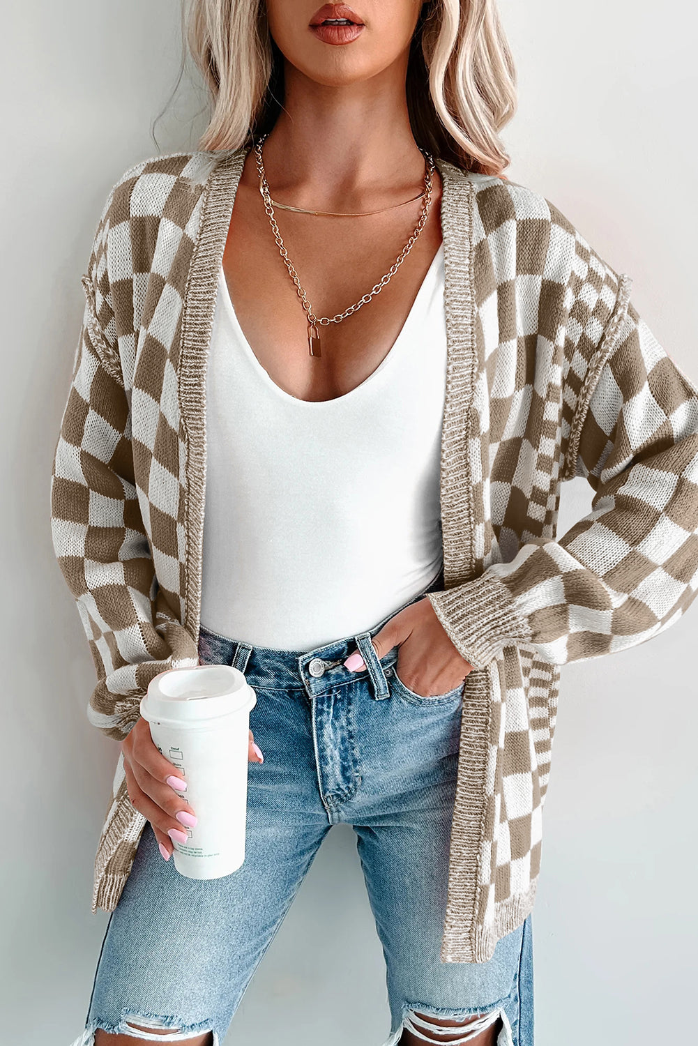 PRE-ORDER: Checkered Drop Shoulder Cardigan