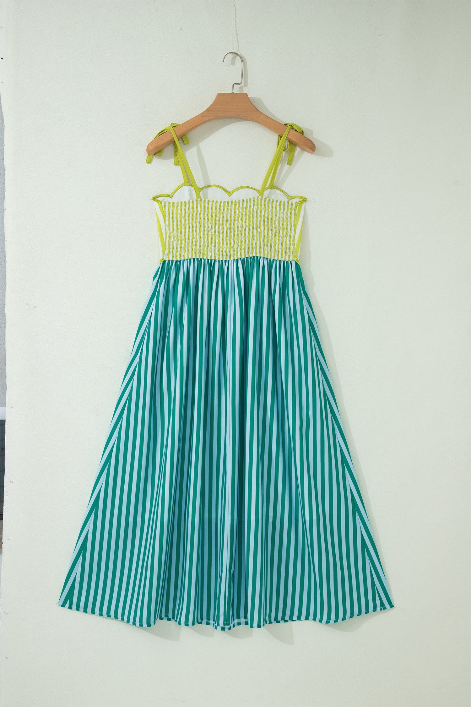 PRE-ORDER: Green Stripe Scalloped Contrast Knot Strap Midi Dress