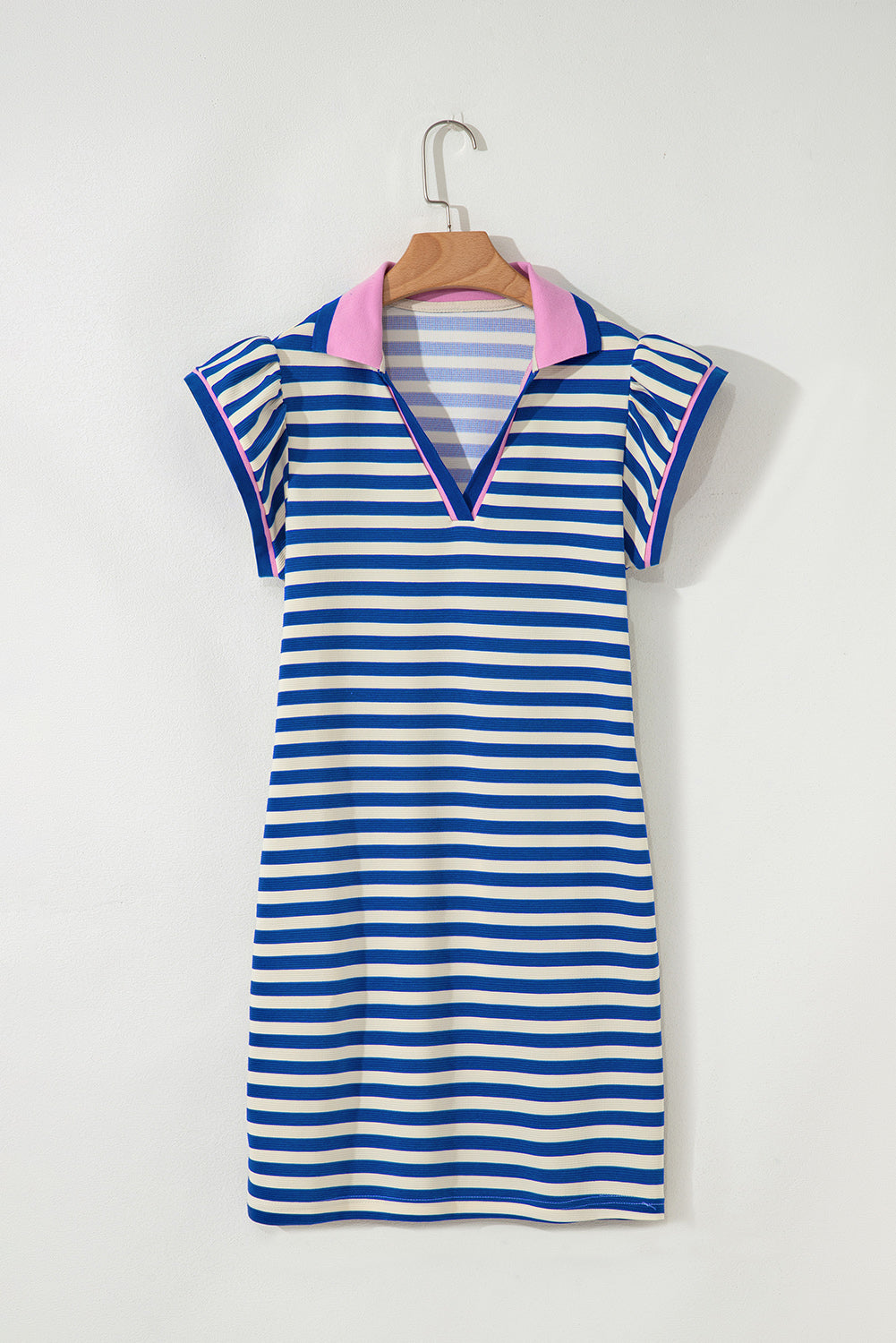 PRE-ORDER: Striped Ruffle Short Sleeve Pop of Color Neckline Dress