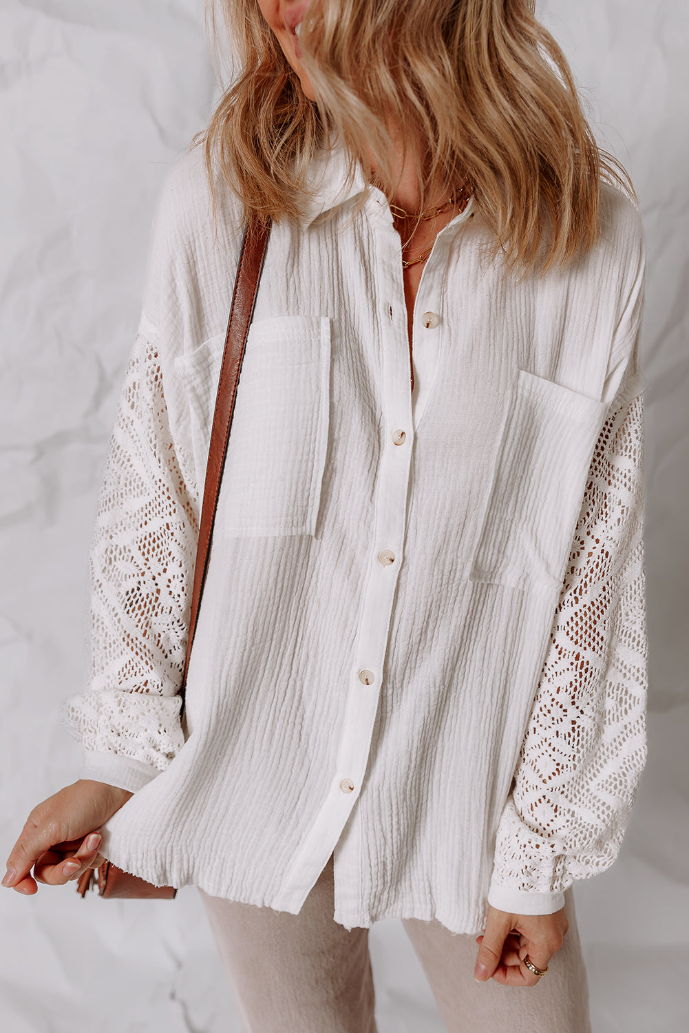 PRE-ORDER: Cotton Gauze Lace Patchwork Long Sleeve Shirt
