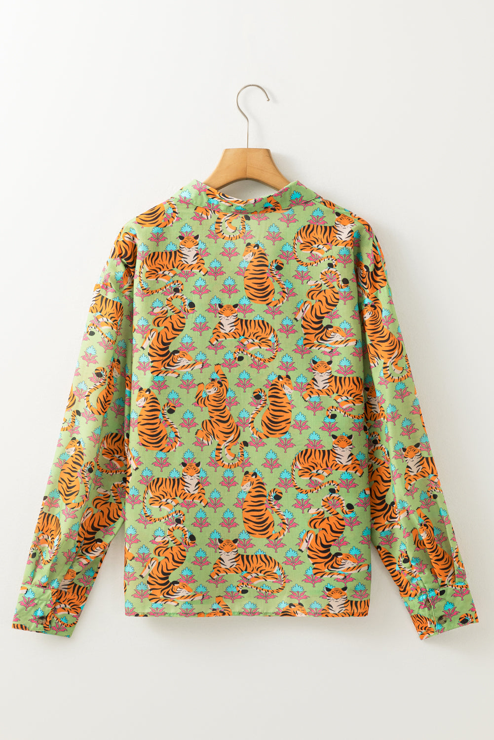 Green Tiger Floral Printed Collared V Neck Blouse