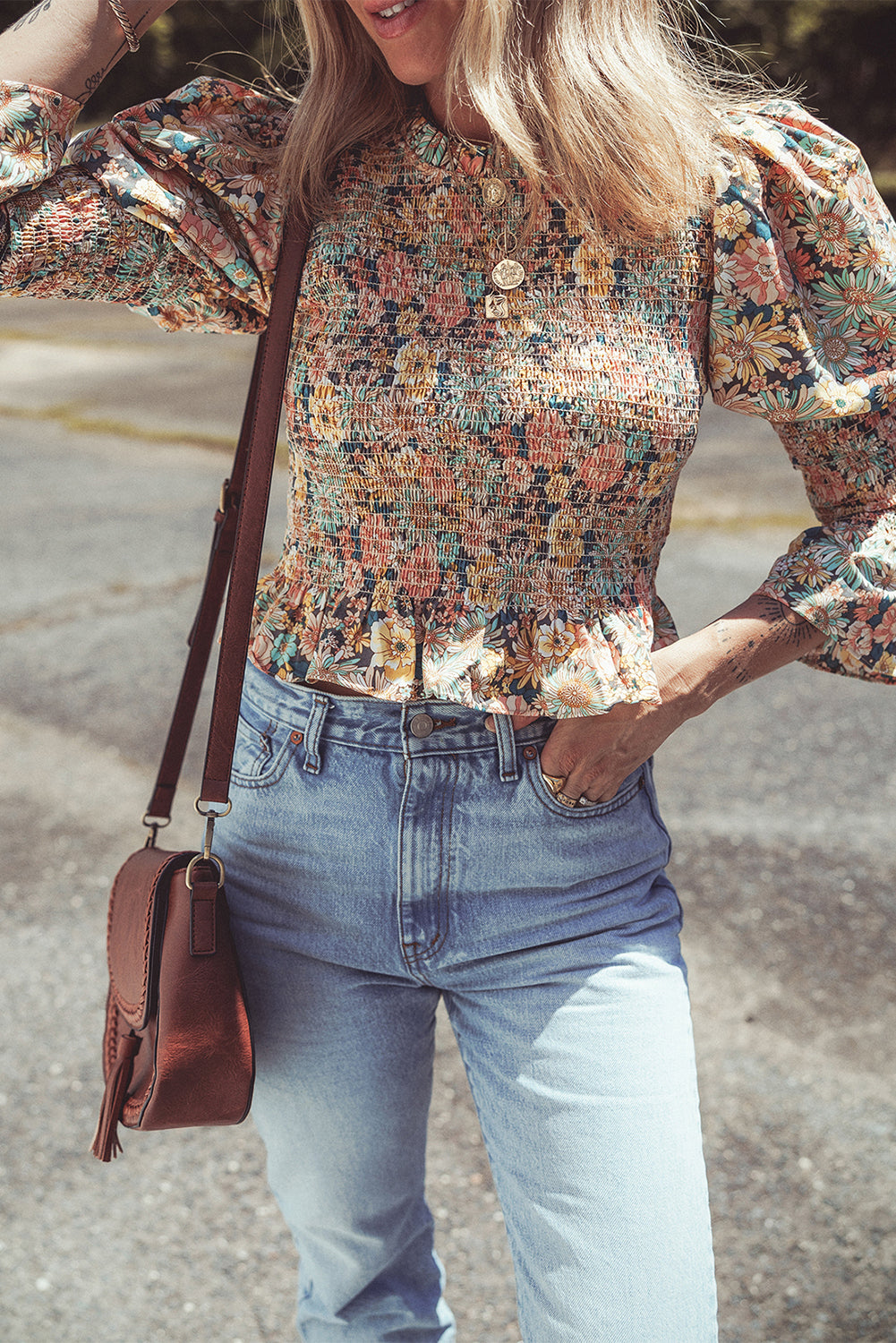 Yellow Floral Smocked Bubble Sleeve Crop Top