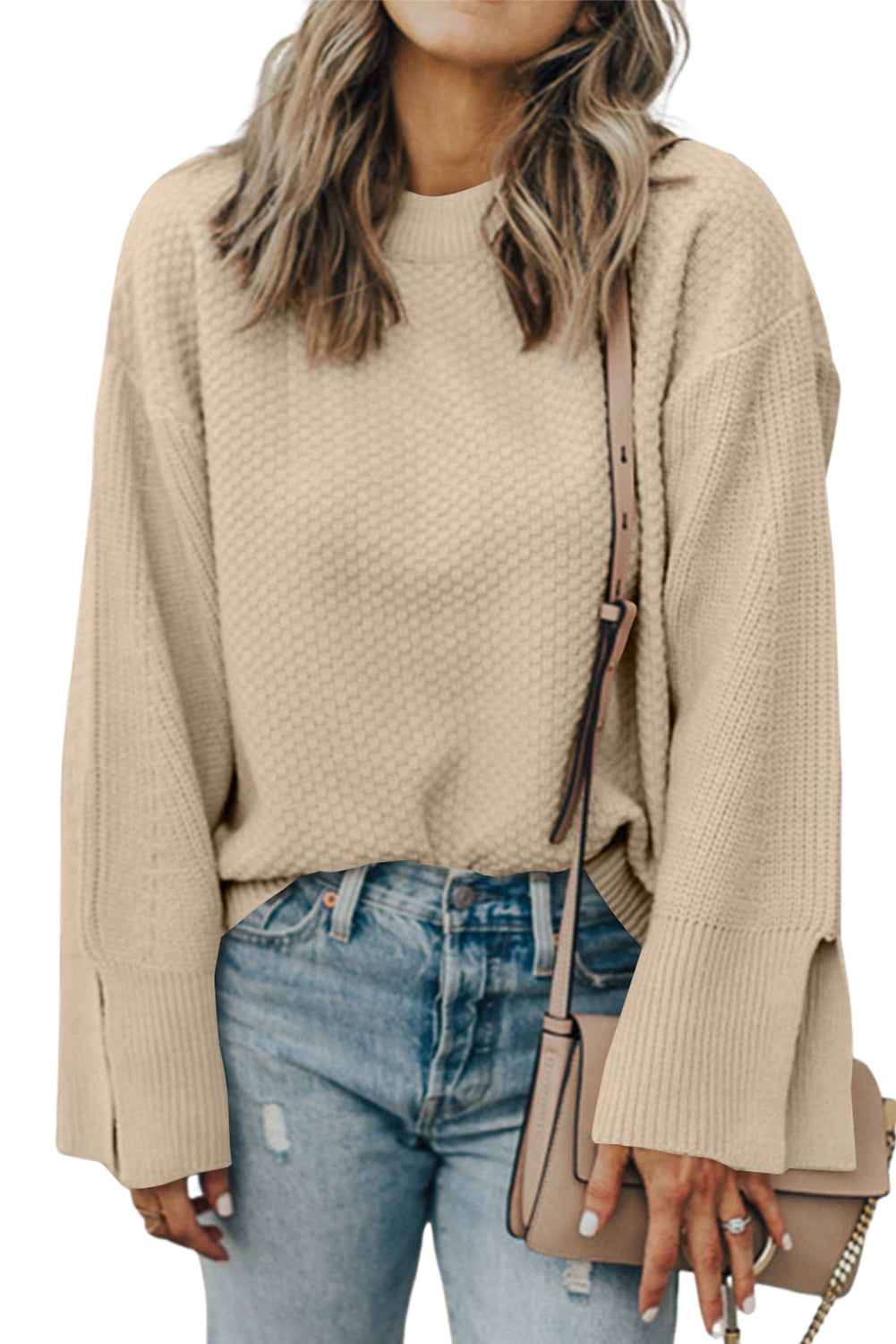 Solid Textured Knit Split Cuff Drop Shoulder Sweater