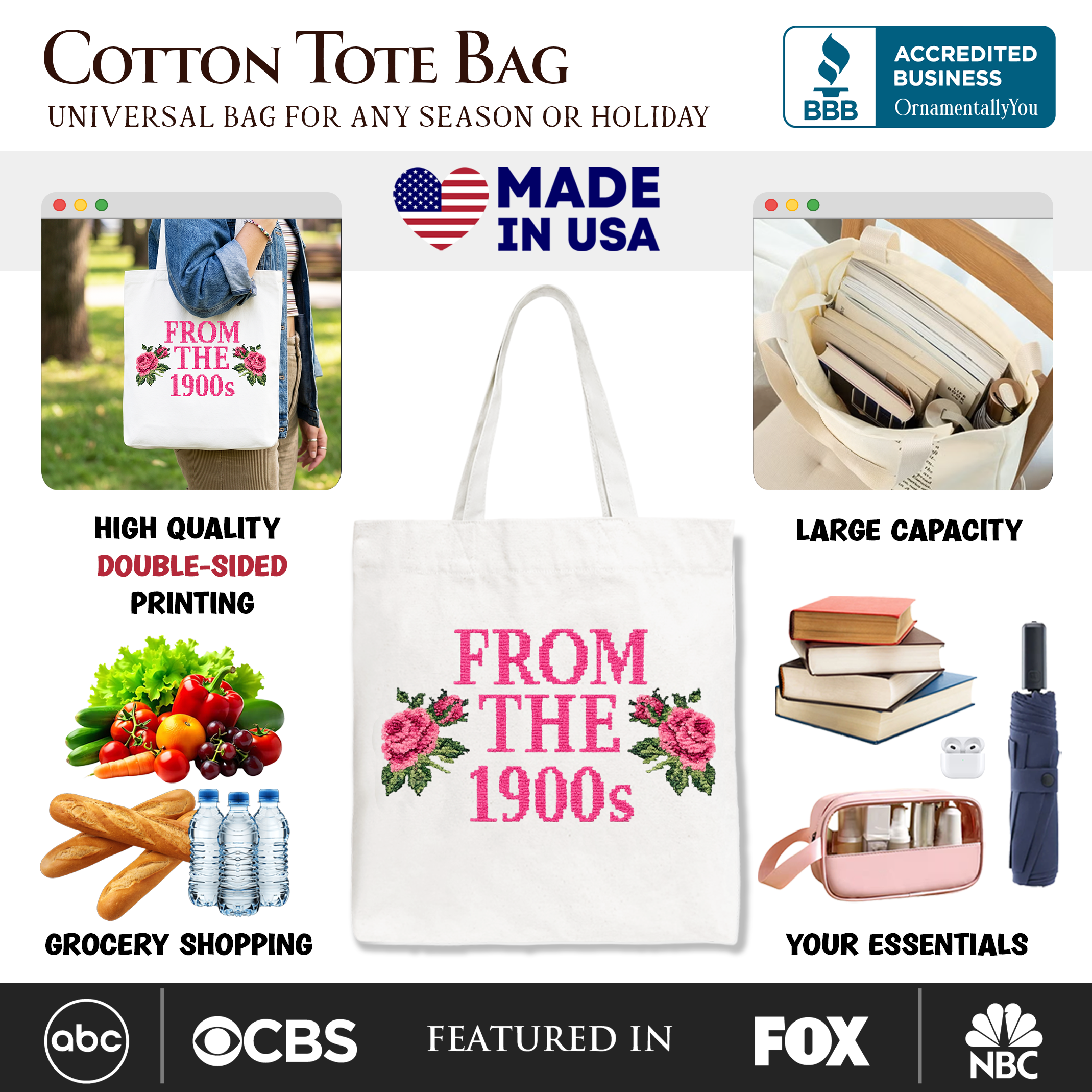 From The 1900s Floral Printed Faux Embroidery Tote Bag