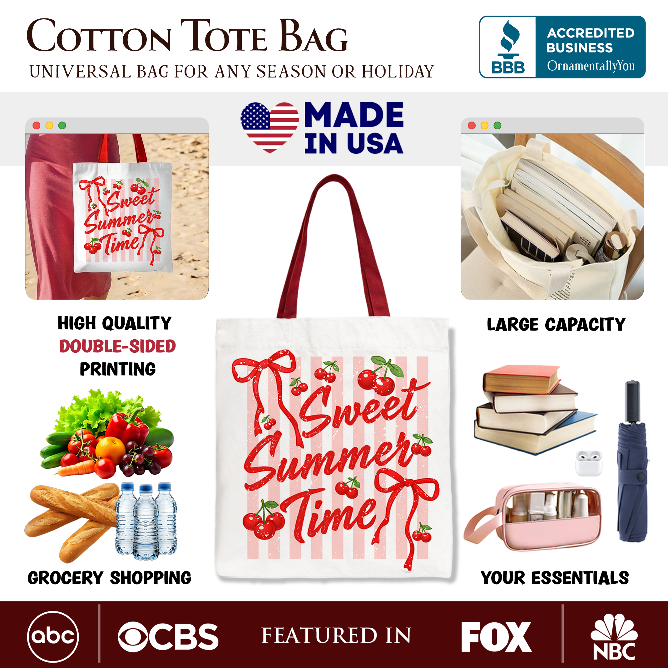 Striped Cherry Sweet Summer Time Tote Bag