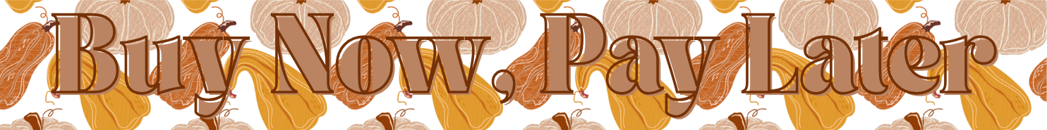 Text 'Buy Now, Pay Later' in a decorative font with autumnal colors on a white background