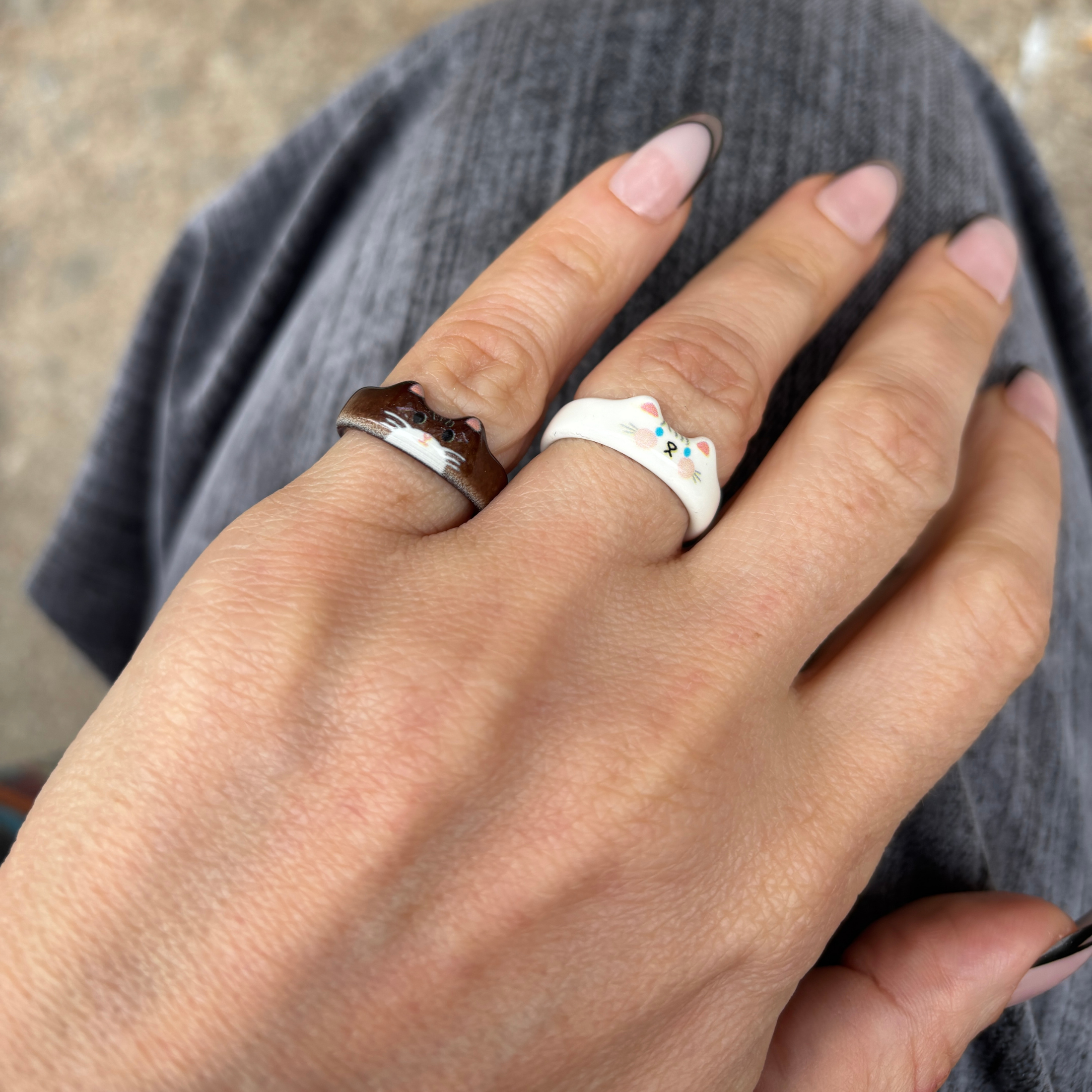 Cat Rings Set of 5 | Sculpted Peeking Cat Face Rings | Brown, White, Black & Calico | Size 7