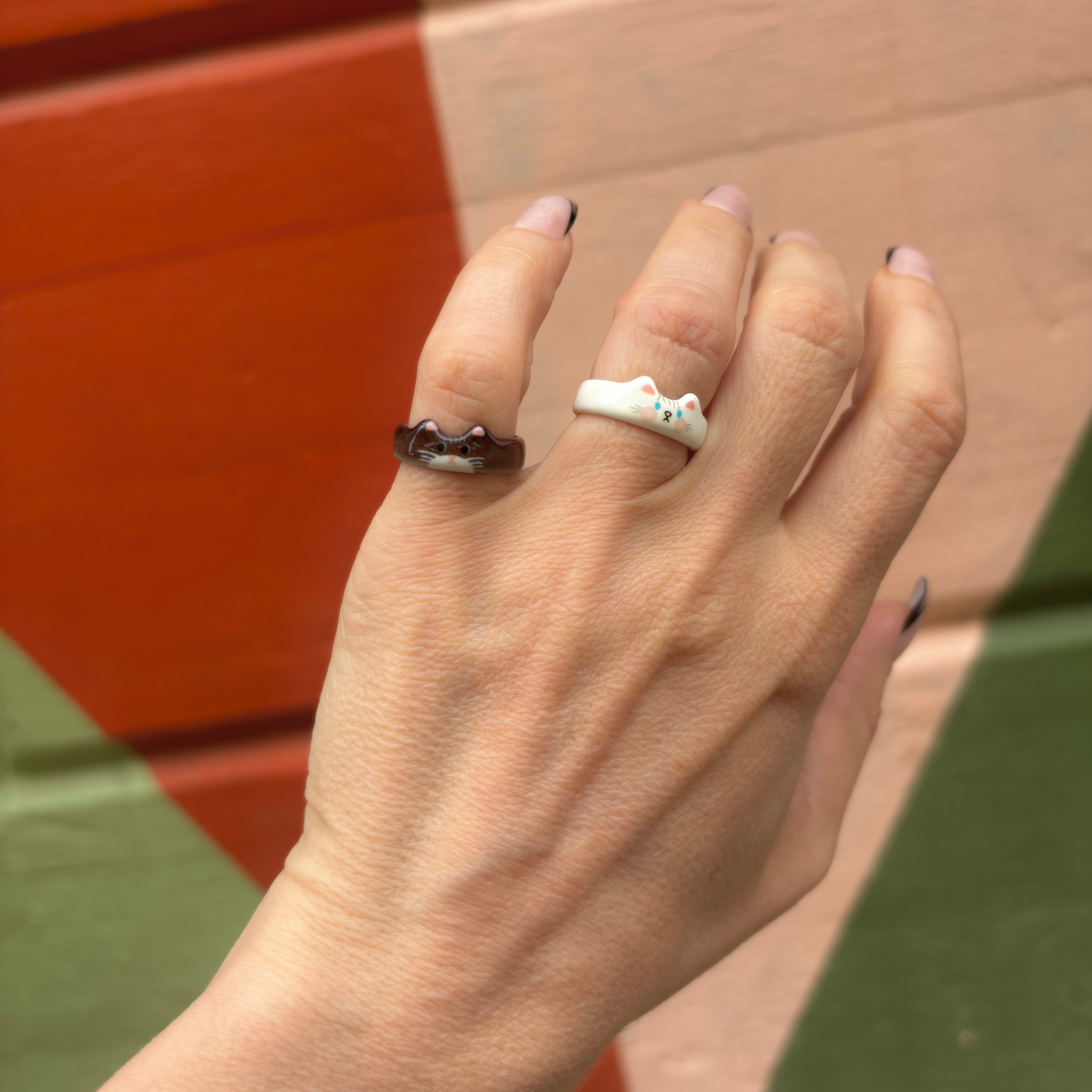Cat Rings Set of 5 | Sculpted Peeking Cat Face Rings | Brown, White, Black & Calico | Size 7