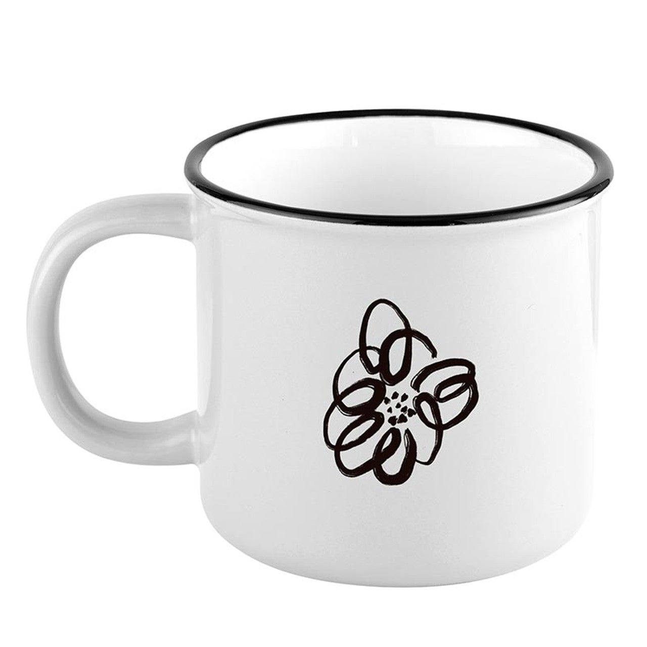 White mug with black floral design on a white background