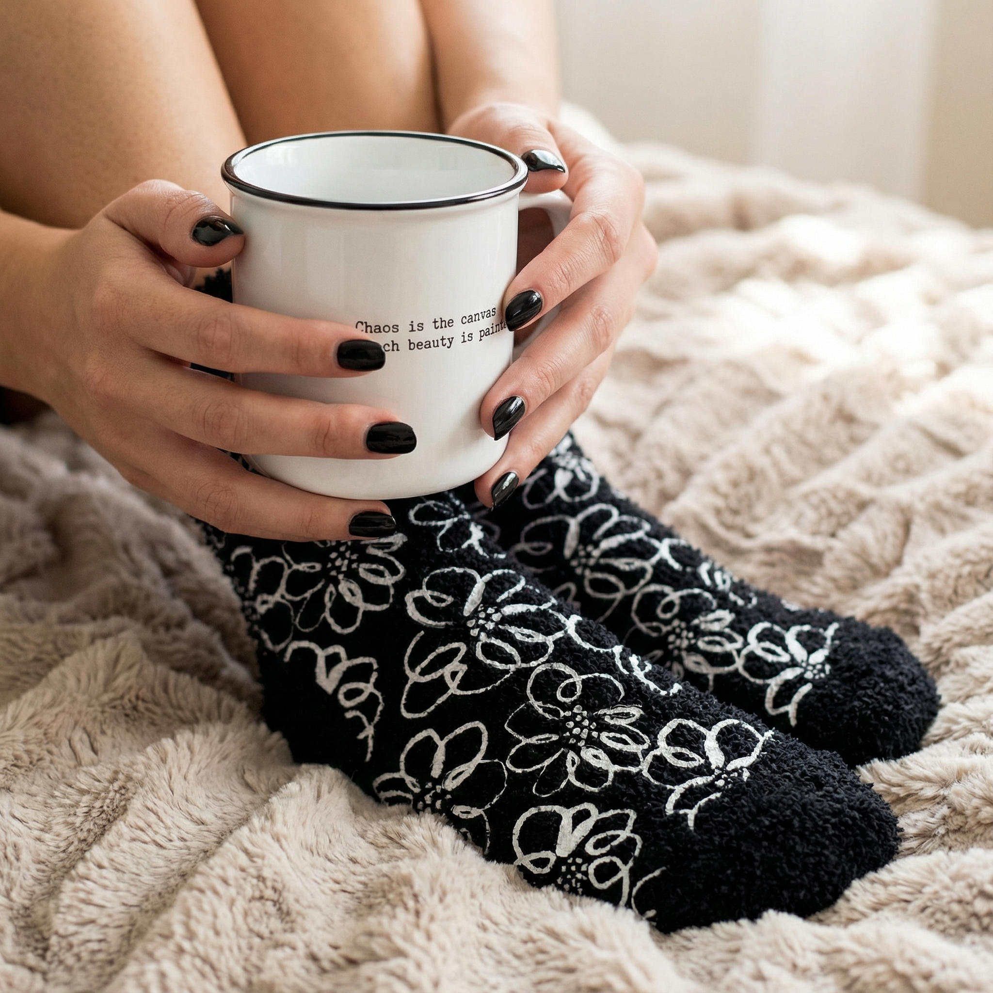 Person wearing black floral socks holding a white mug with text on a soft surface