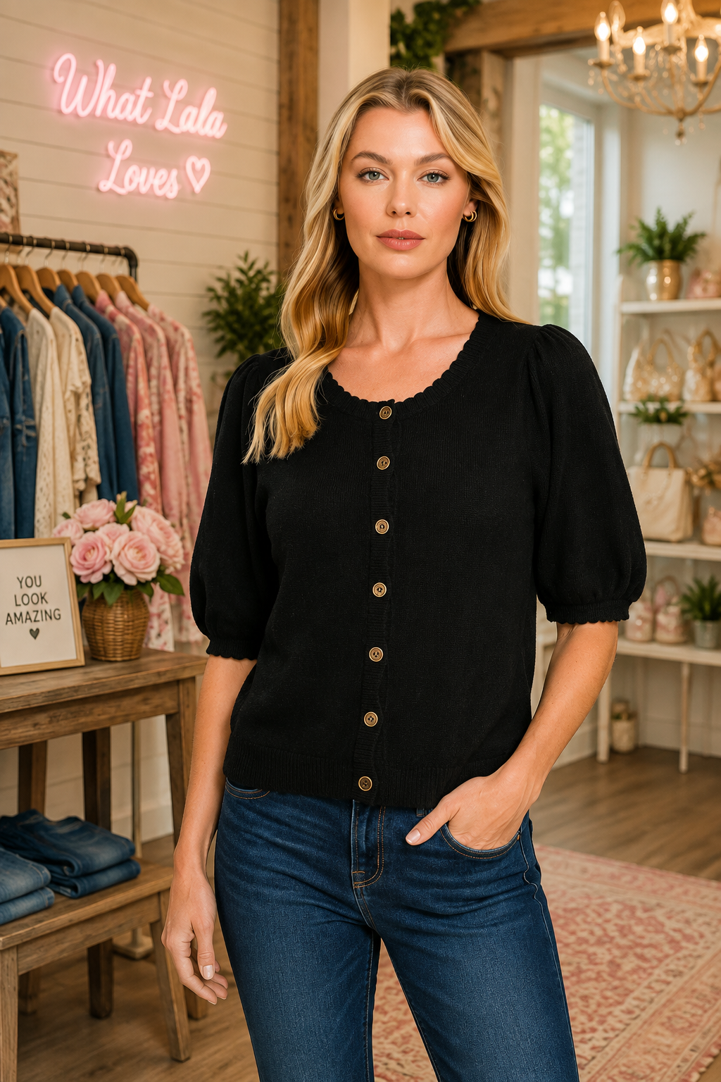 Puff Sleeve Wool Blend Button Front Knit Top