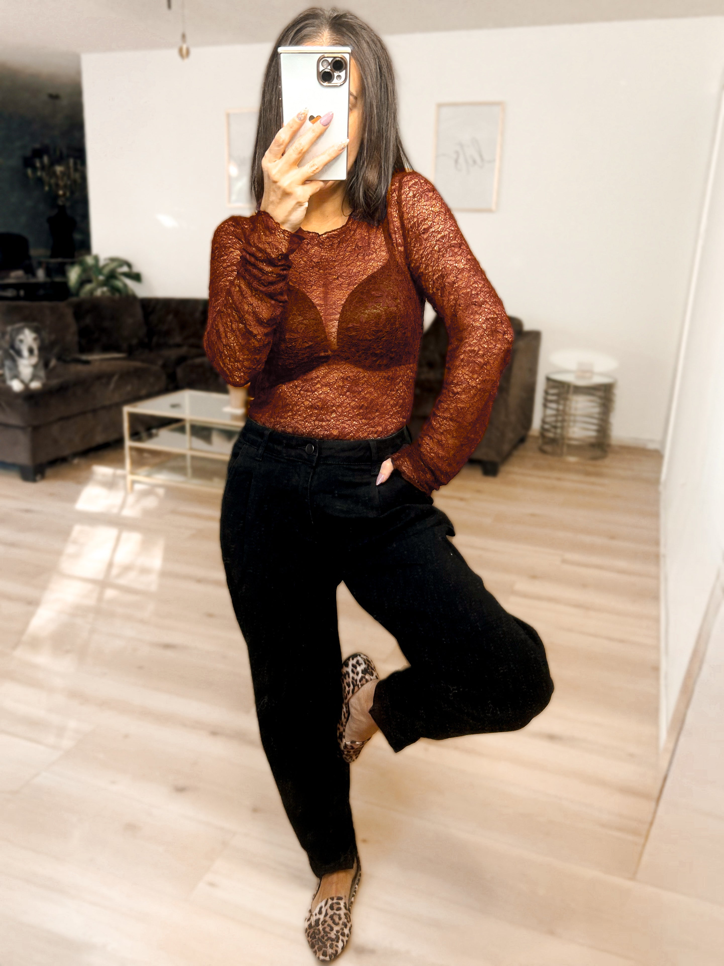 Luxe Lace and Floral Textured Long Sleeve Sheer Top