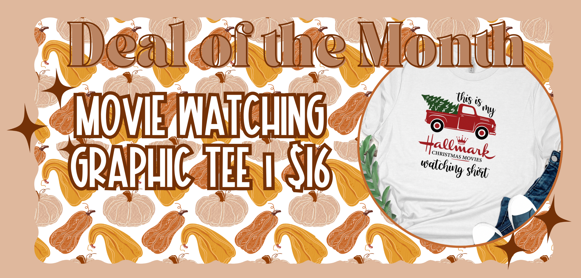 Promotional banner for a movie watching graphic tee with pumpkins and text on a beige background.