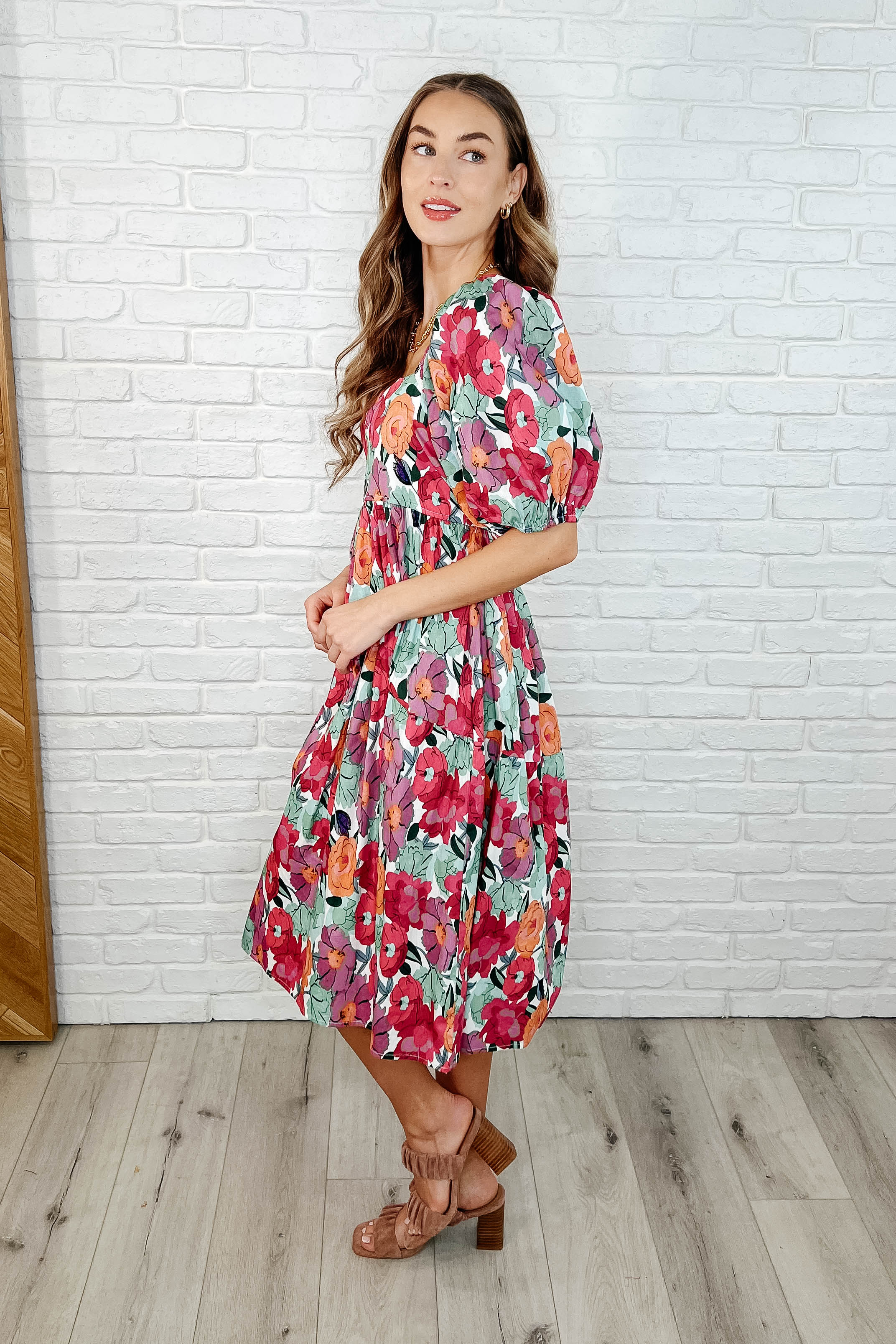 Dewdrop Blooms Puff Sleeve Floral Dress