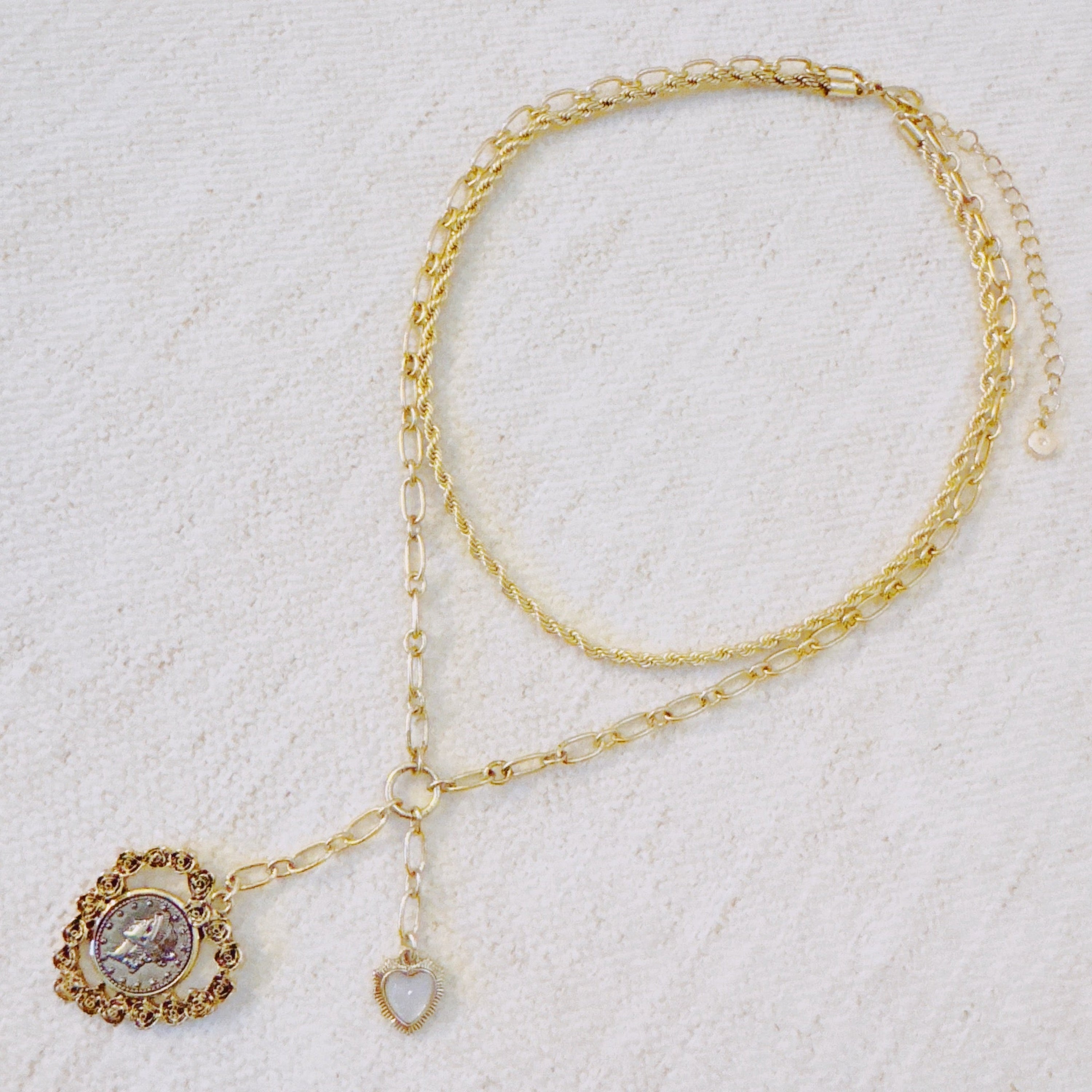 Double Chain Heart Pendant Necklace – Layered Gold Links with Vintage-Style Charm