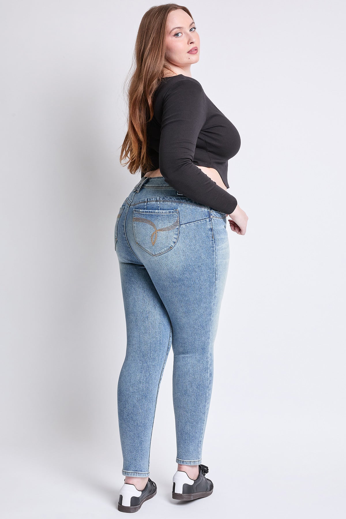 Plus “WannaBettaButt” Mid Rise Embroidered Skinny Jean