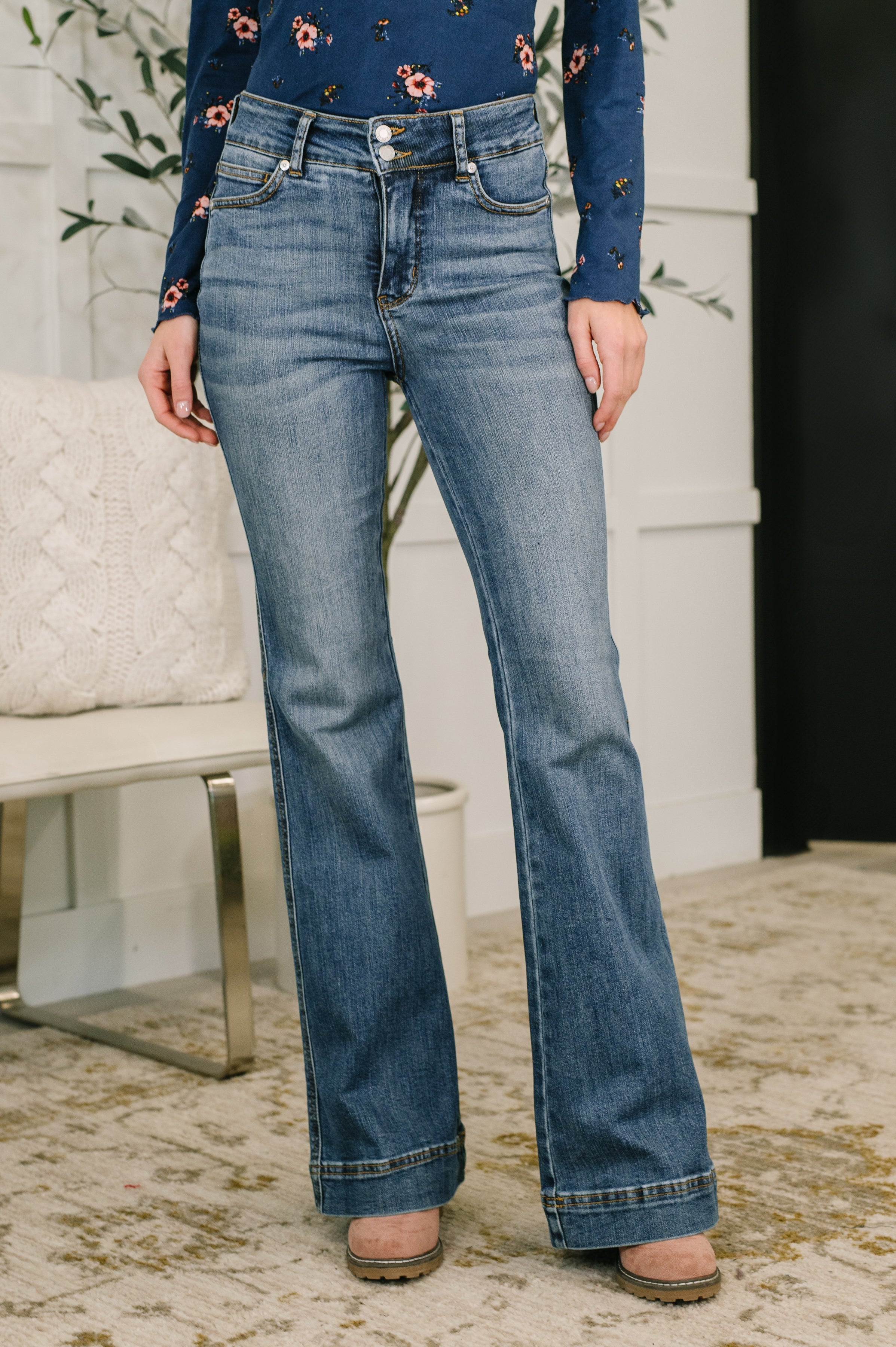 Eva High Waist Flare Tummy Control Double Button Denim
