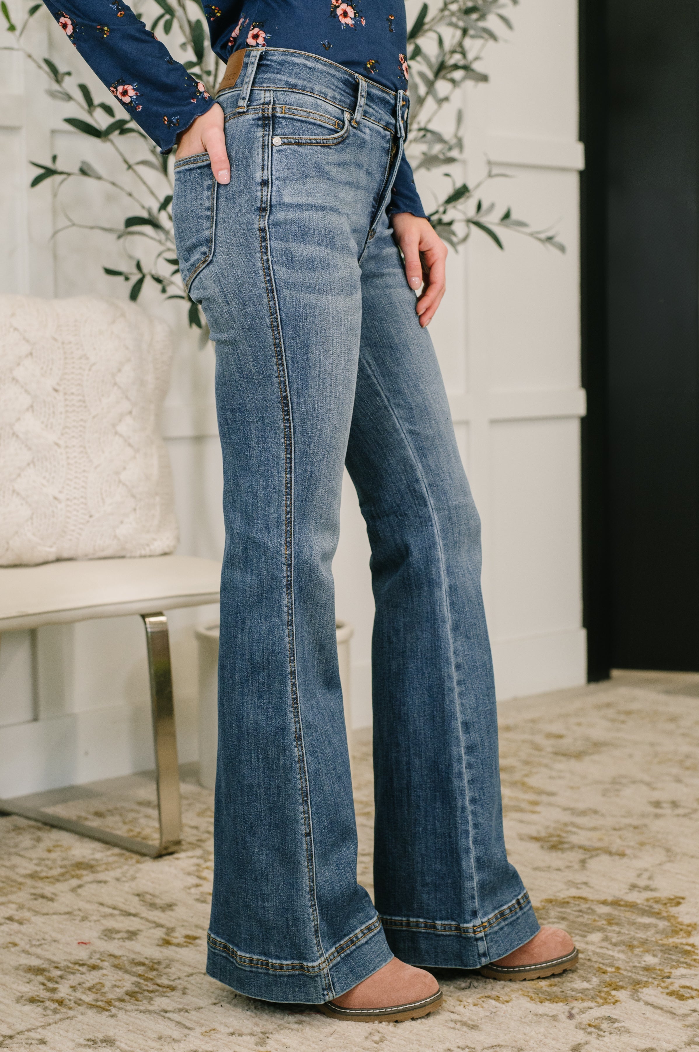 Eva High Waist Flare Tummy Control Double Button Denim