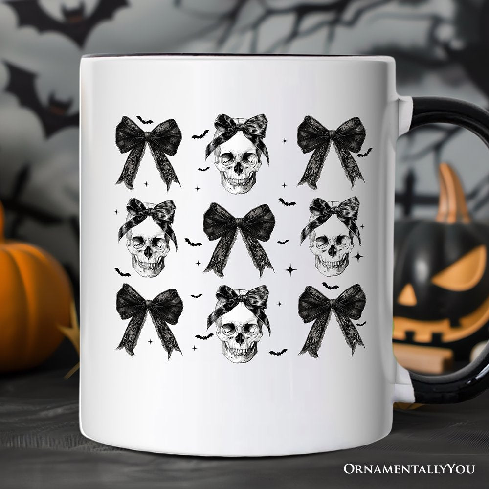 Coquette Skulls and Bows Personalized Mug, Gothic & Stylish Halloween Gift with Custom Name