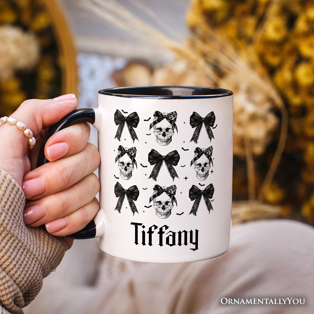 Coquette Skulls and Bows Personalized Mug, Gothic & Stylish Halloween Gift with Custom Name