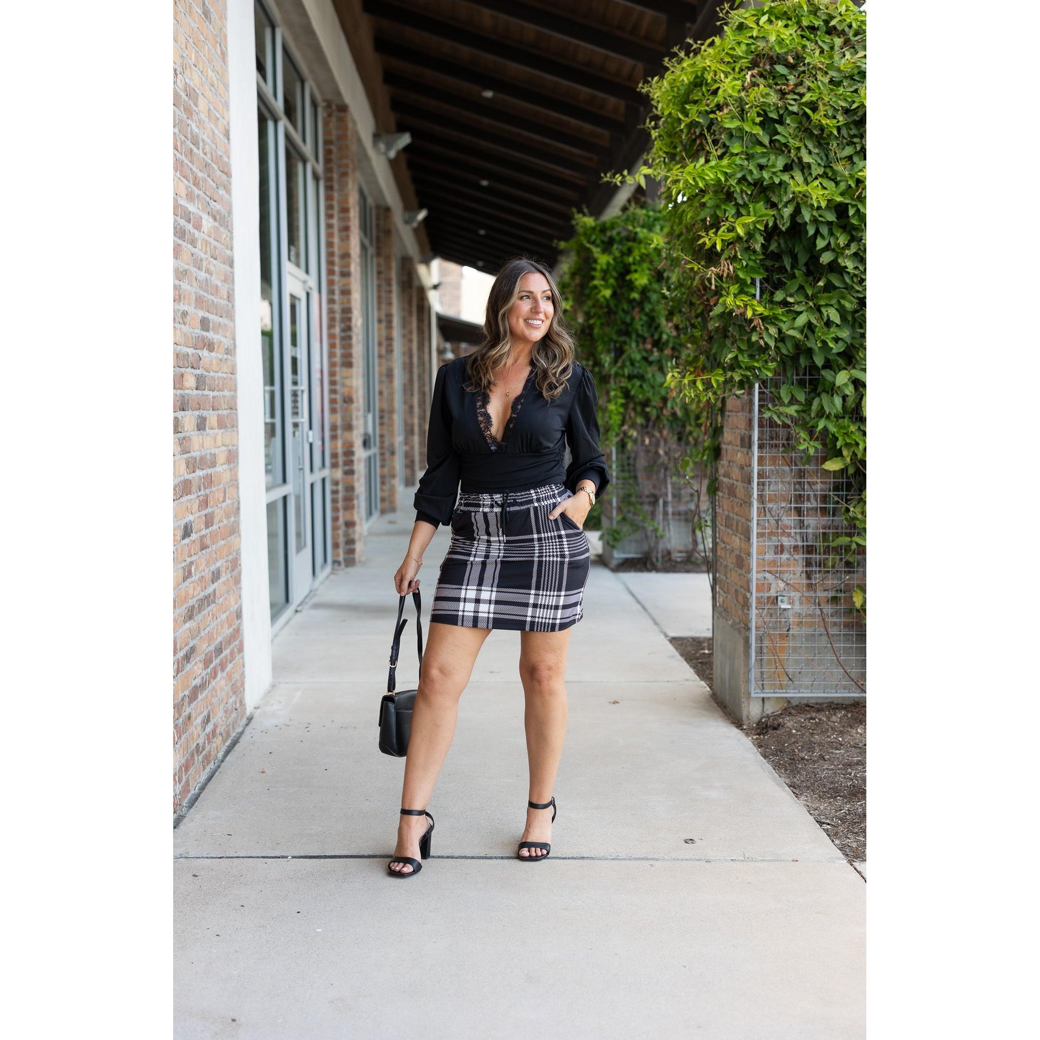 The Amelia - Black And White Plaid Jogger Skirt